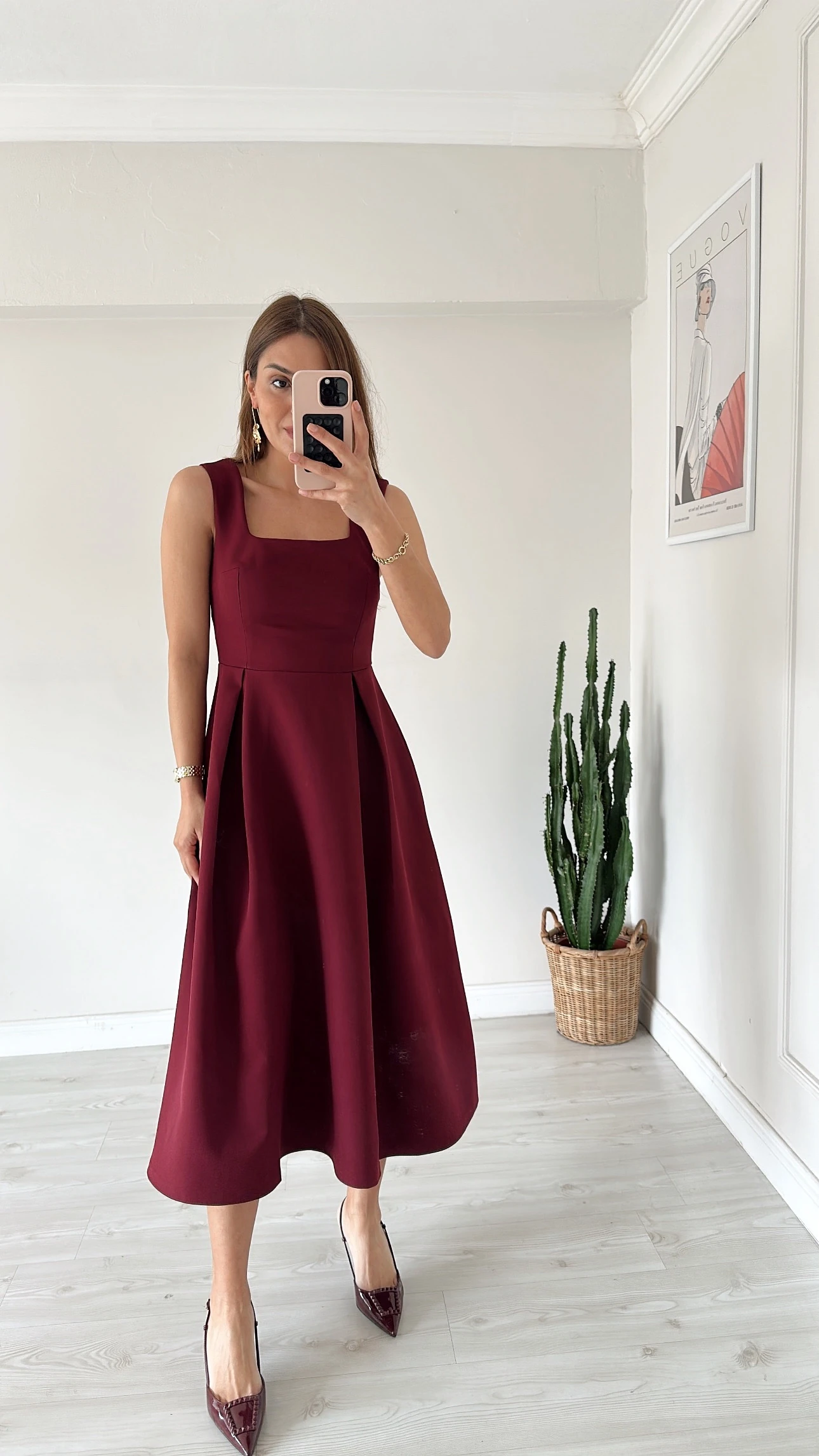 Kare Yaka Midi Elbise Bordo