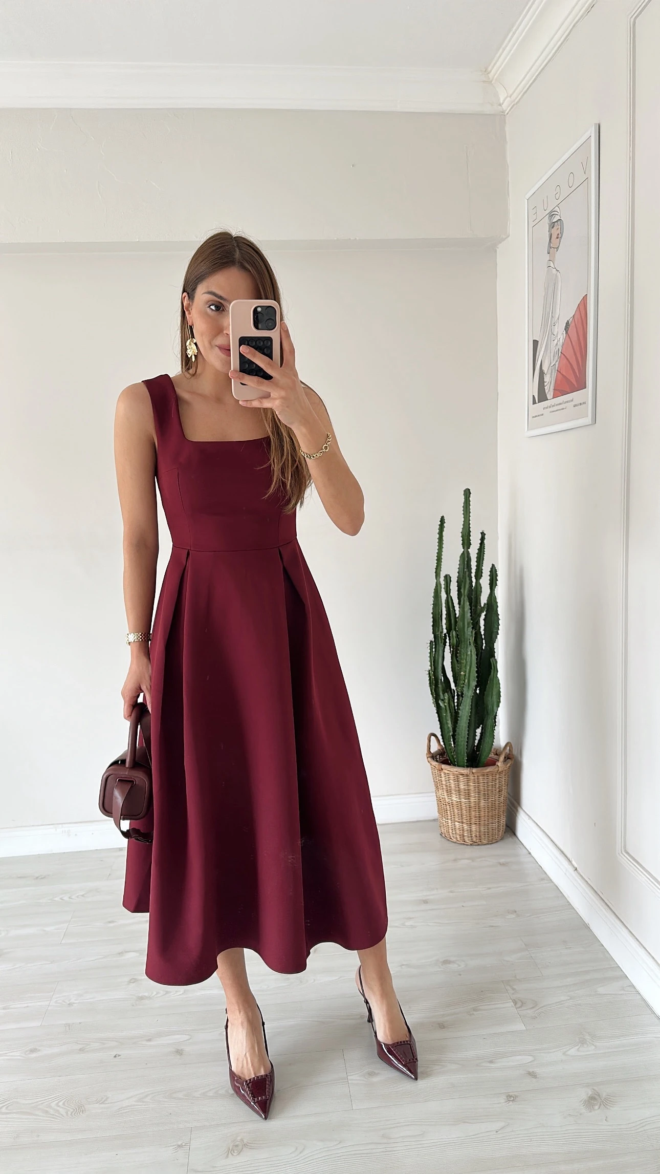 Kare Yaka Midi Elbise Bordo