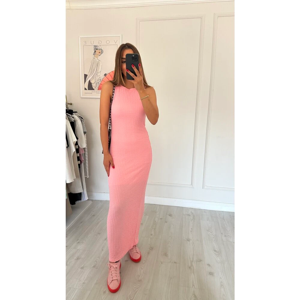 Gofre Maxi Elbise Pembe