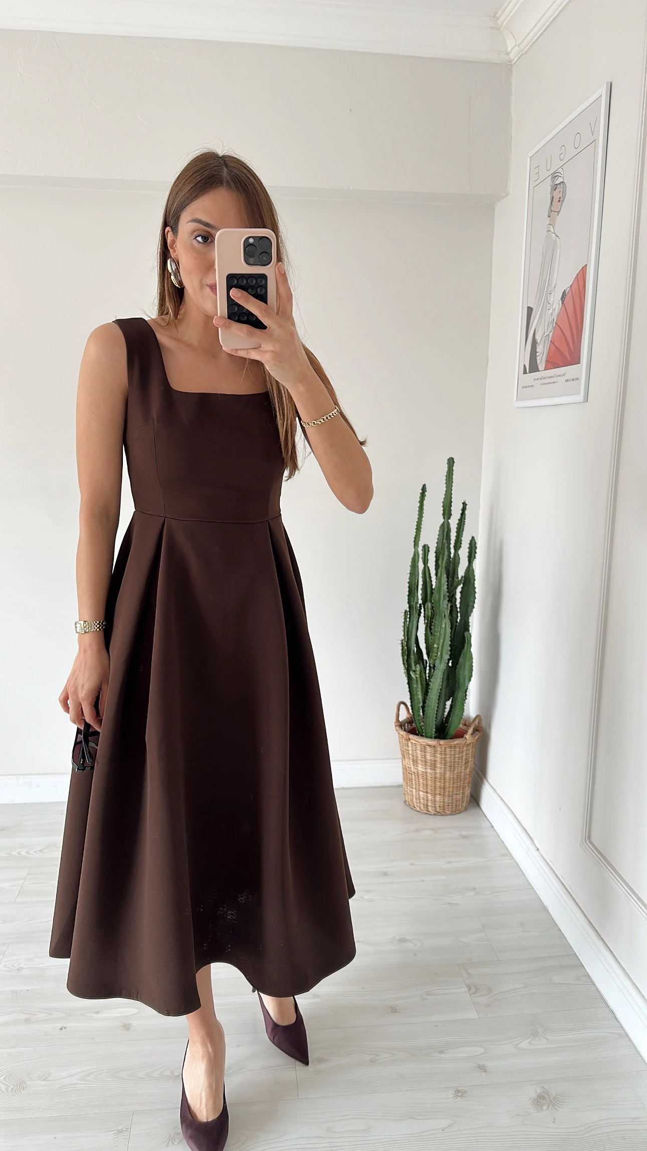 Kare Yaka Midi Elbise Kahve