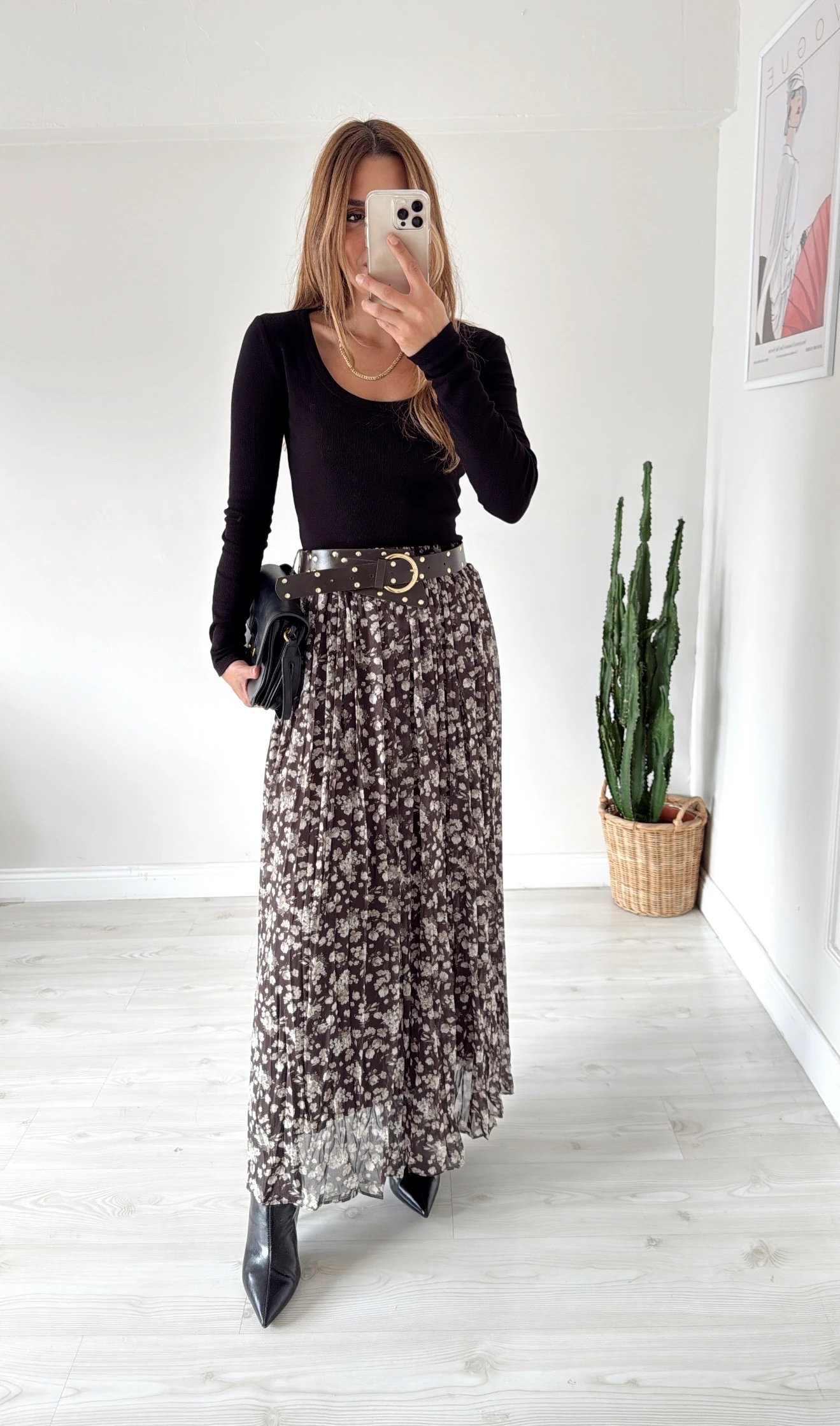 Kemerli Desenli Maxi Etek Haki