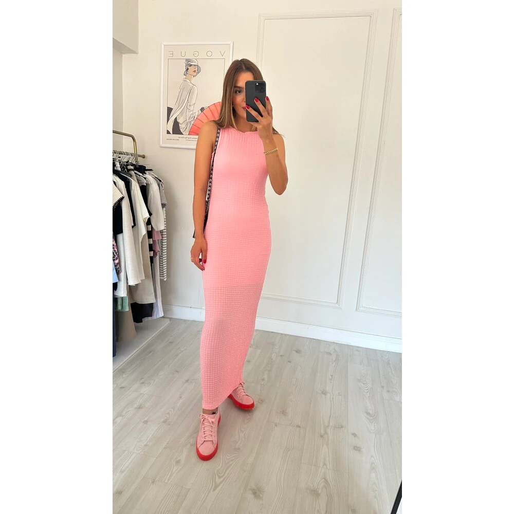 Gofre Maxi Elbise Pembe