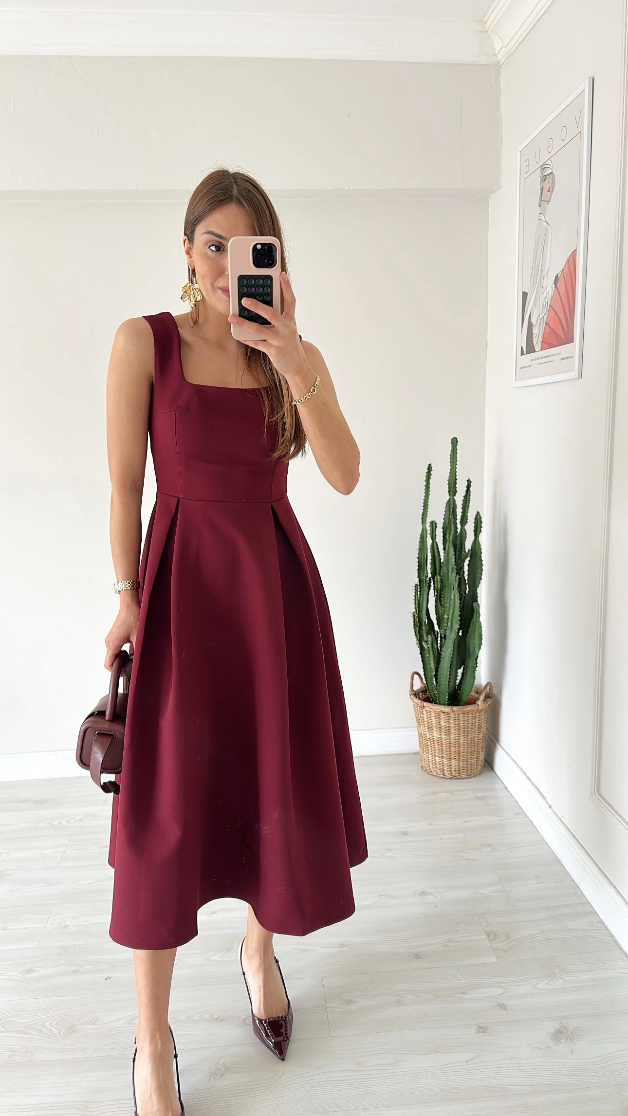 Kare Yaka Midi Elbise Bordo