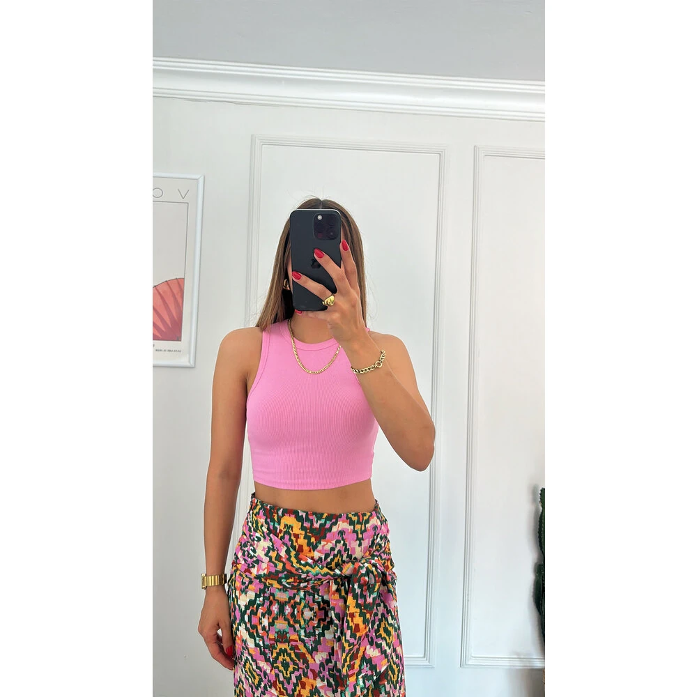 Halter Yaka Crop Body Pembe