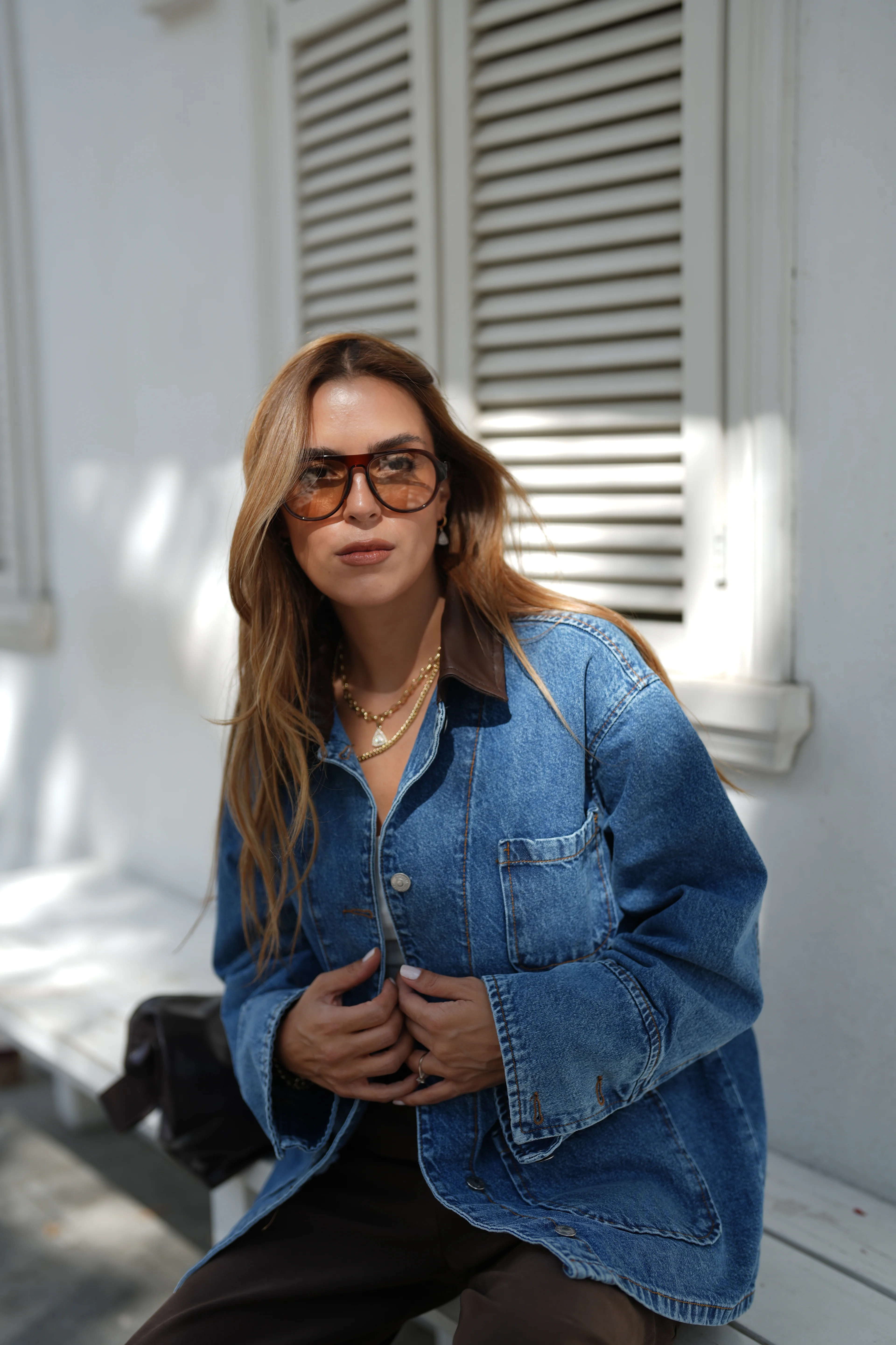 Deri Yakalı Denim Ceket