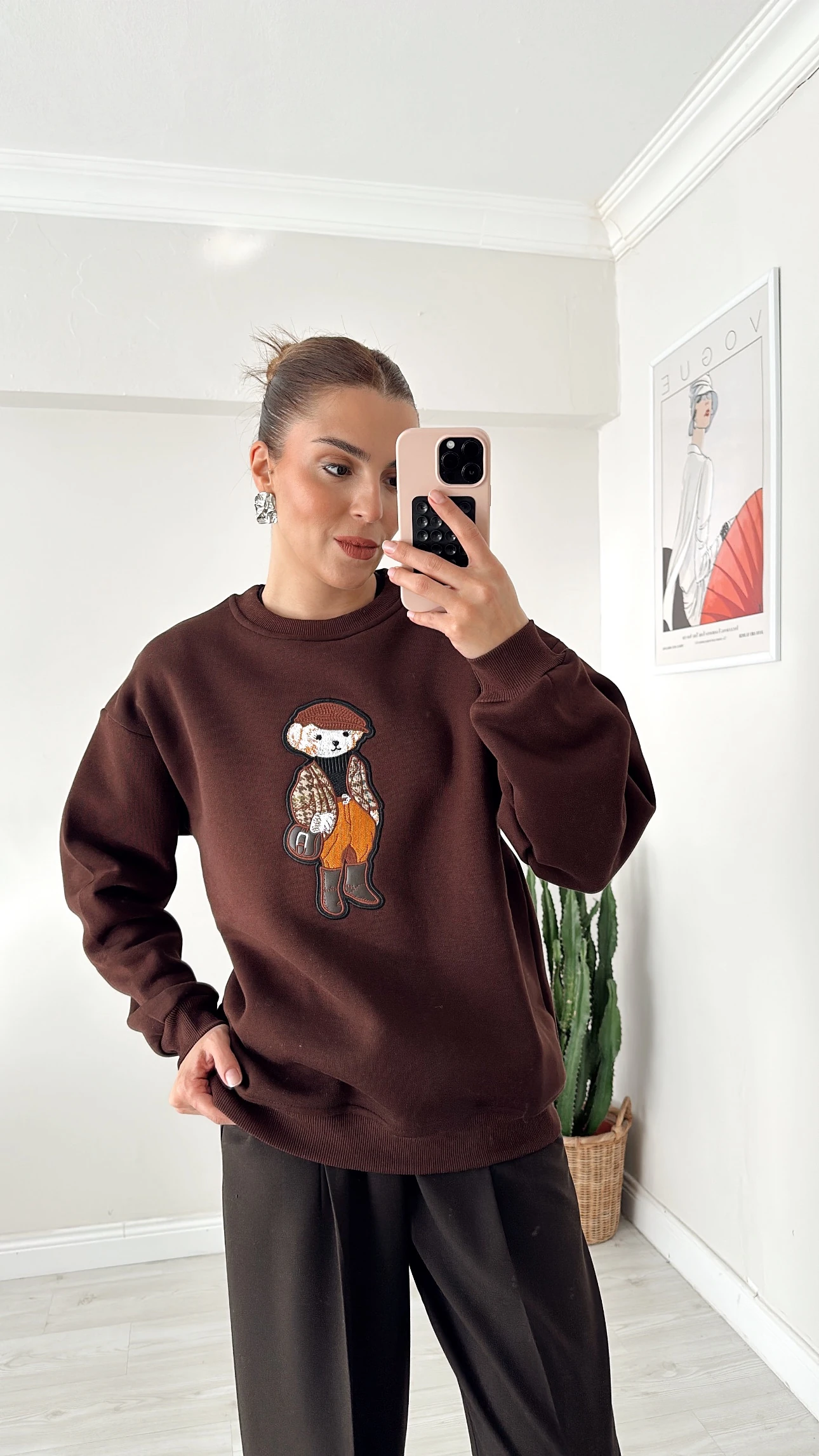 Teddy İşlemeli Sweat Kahve