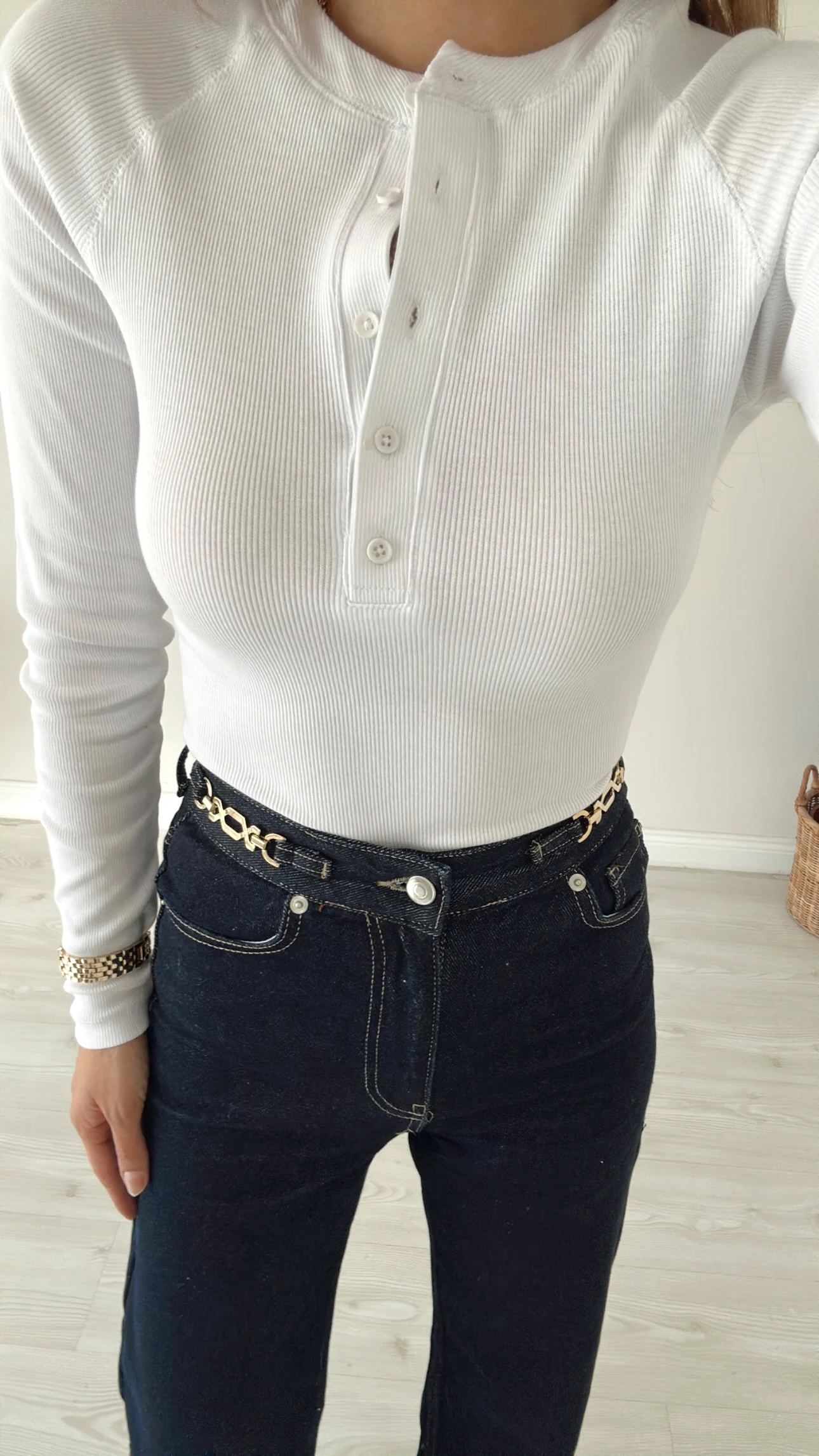 Düğmeli Fitilli Basic Bluz Beyaz