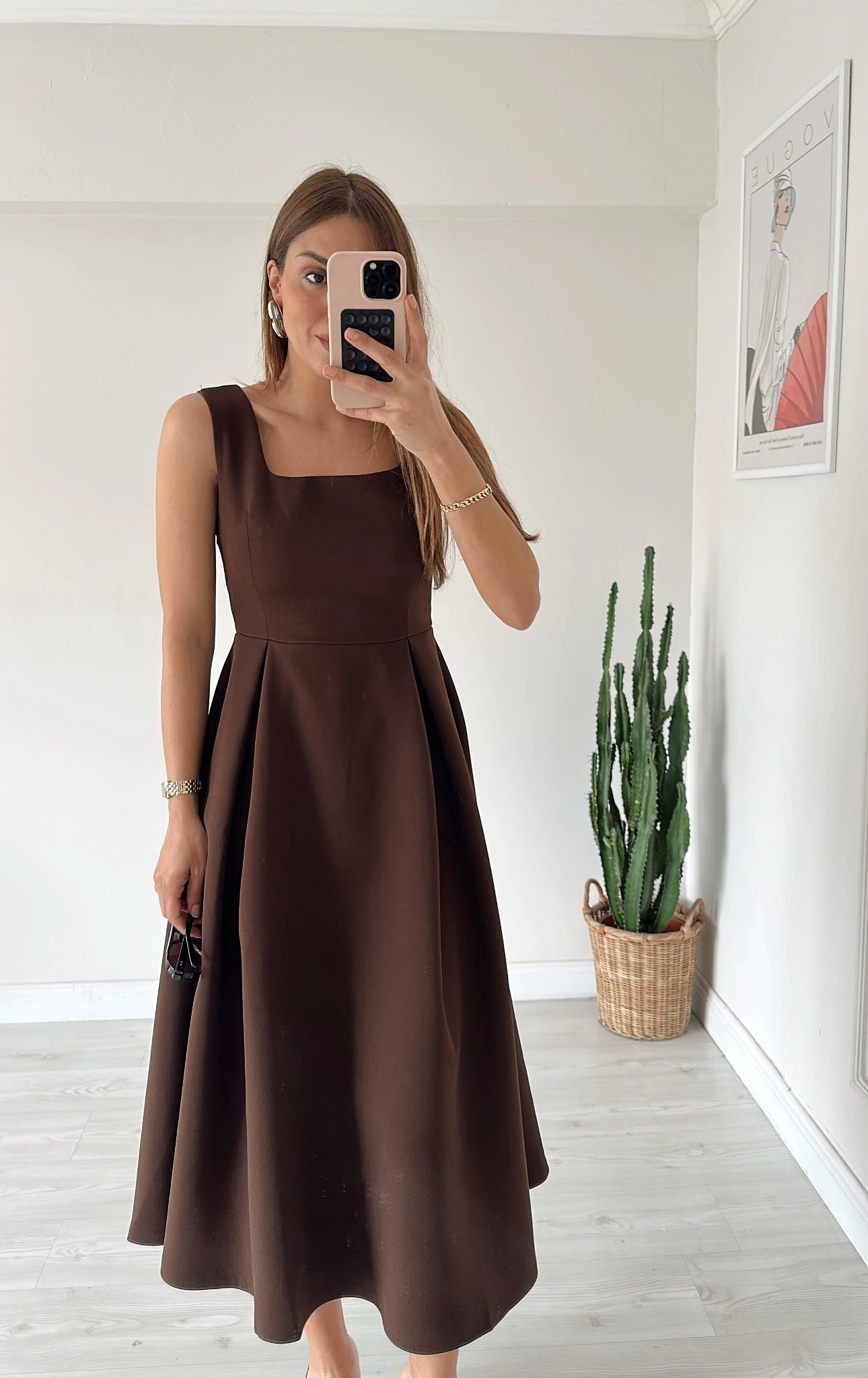 Kare Yaka Midi Elbise Kahve