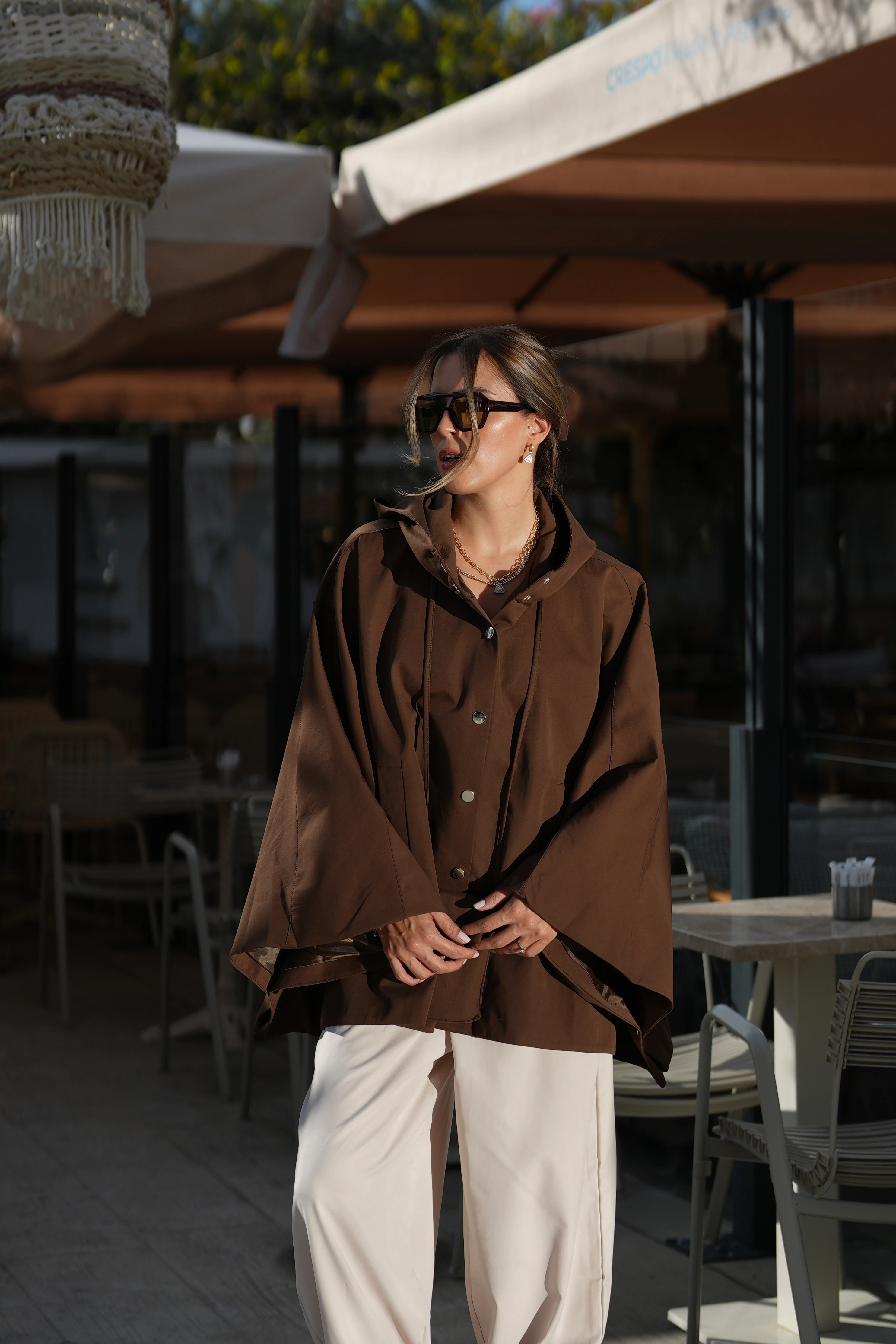 Çanta Aksesuarlı Panço Kahve