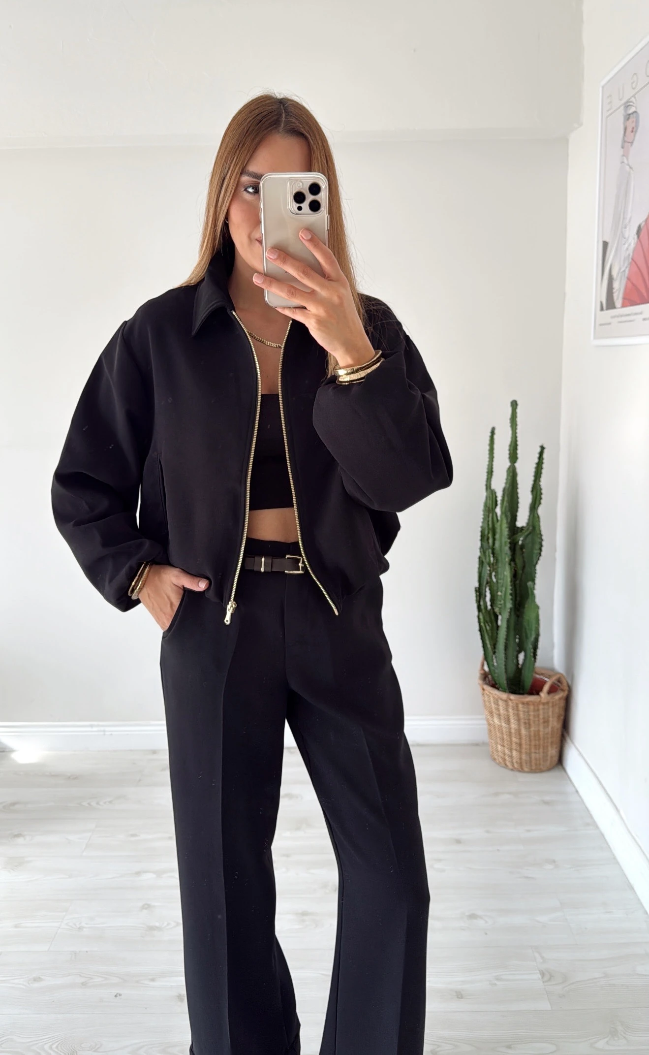 Bomber Ceket Kemerli Pantolon Takım Siyah