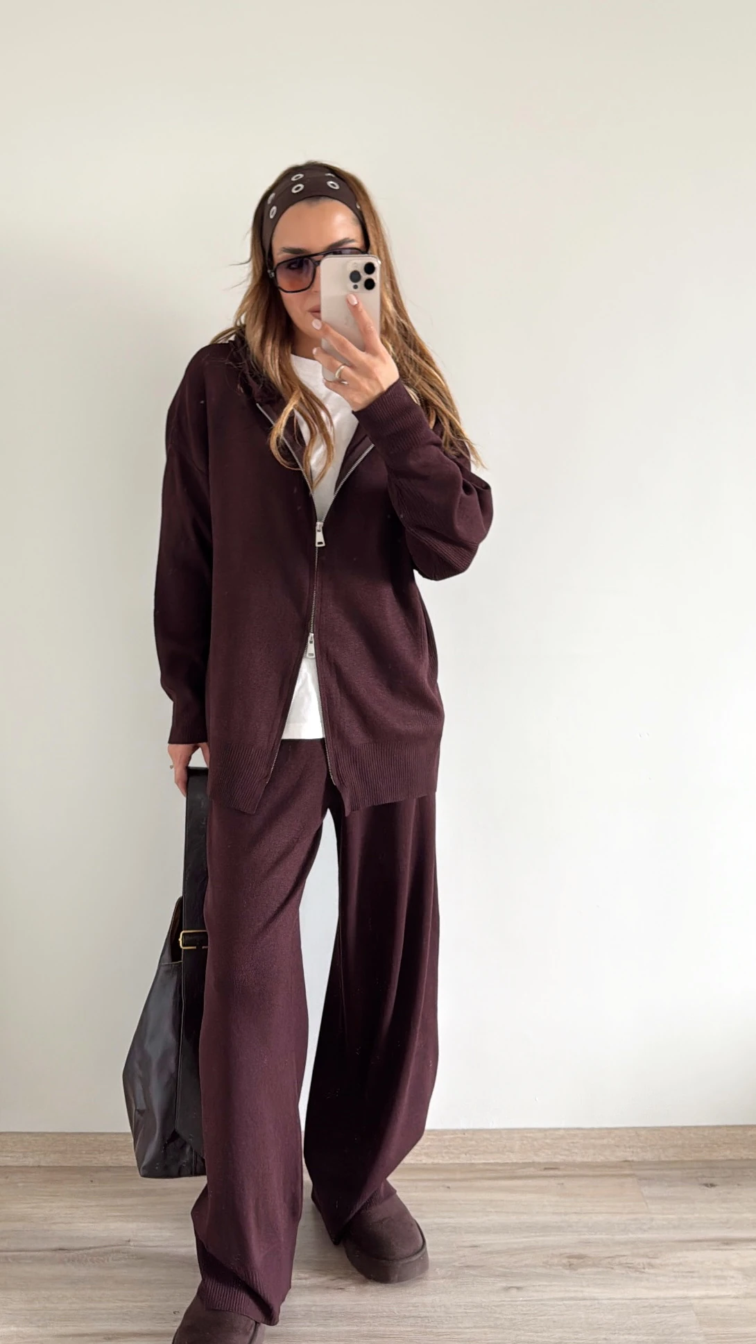 Çift Fermuarlı Triko Takım Koyu Mürdüm