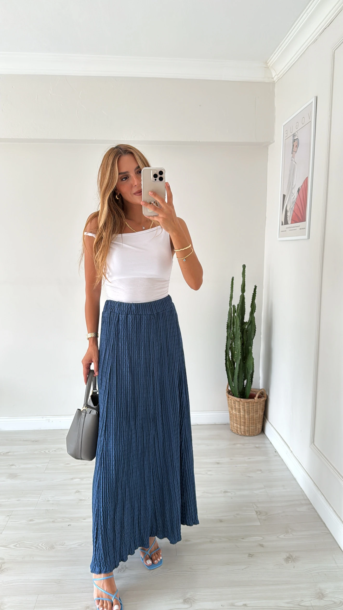 Dokulu Kumaş Maxi Etek İndigo