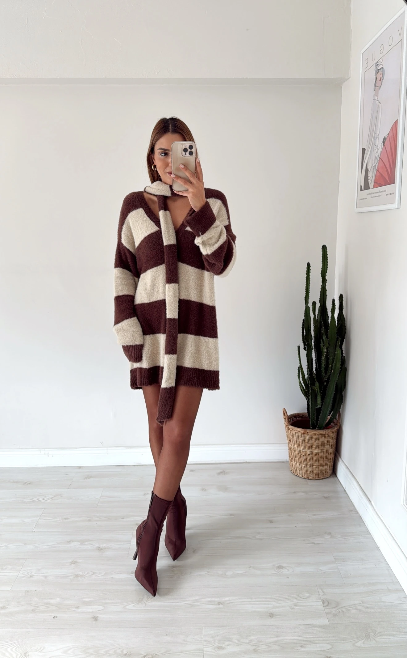 Atkı Detaylı Kazak Elbise Kahve-Bej