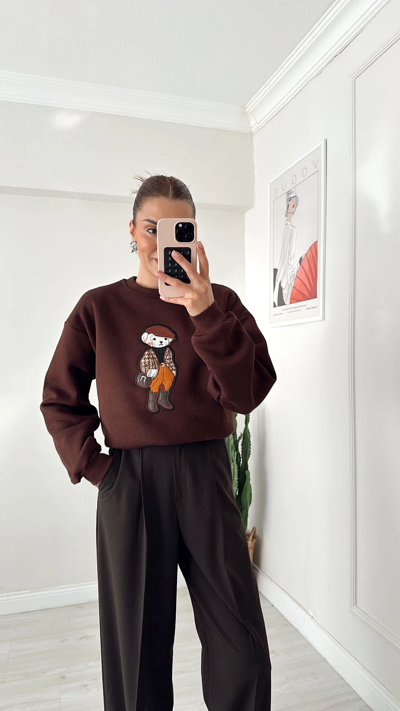 Teddy İşlemeli Sweat Kahve