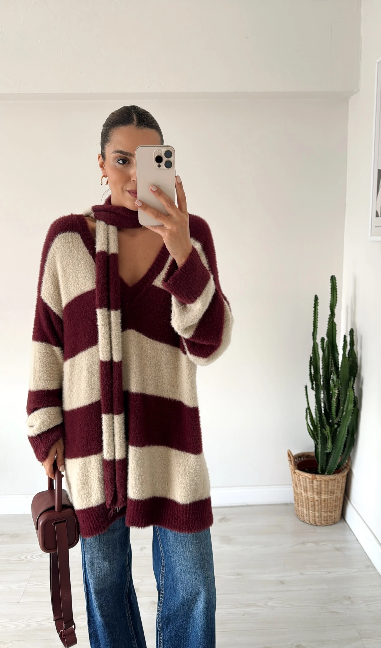 Atkı Detaylı Kazak Elbise Bordo-Bej