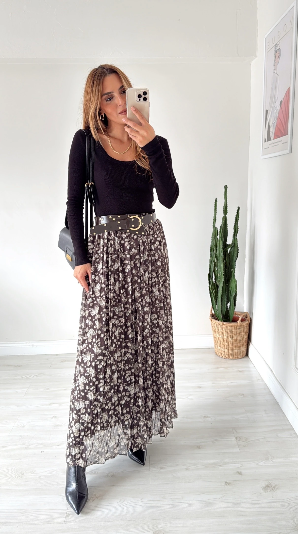 Kemerli Desenli Maxi Etek Haki