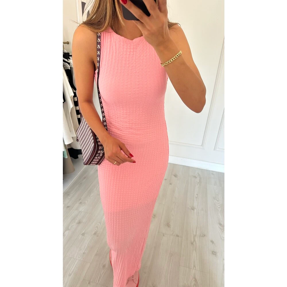 Gofre Maxi Elbise Pembe