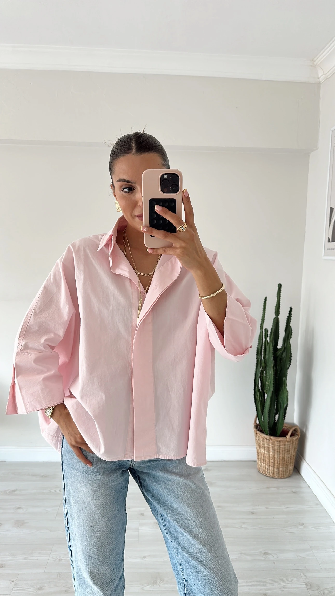 Oversıze Kalın Manşetli Gömlek Açık Pembe