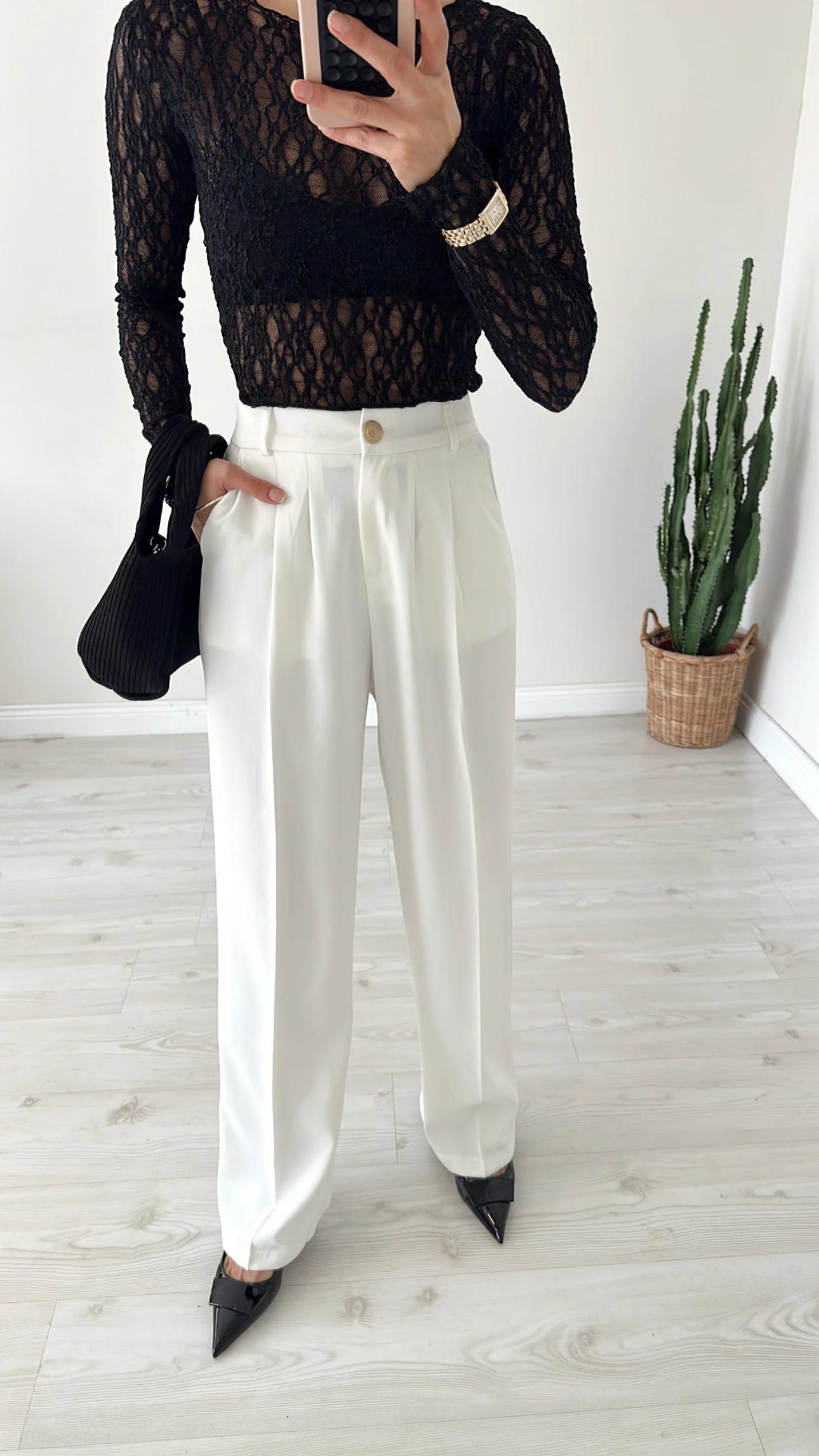 Gold Düğmeli Palazzo Beyaz