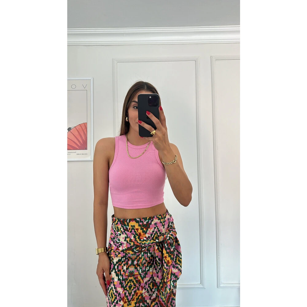 Halter Yaka Crop Body Pembe