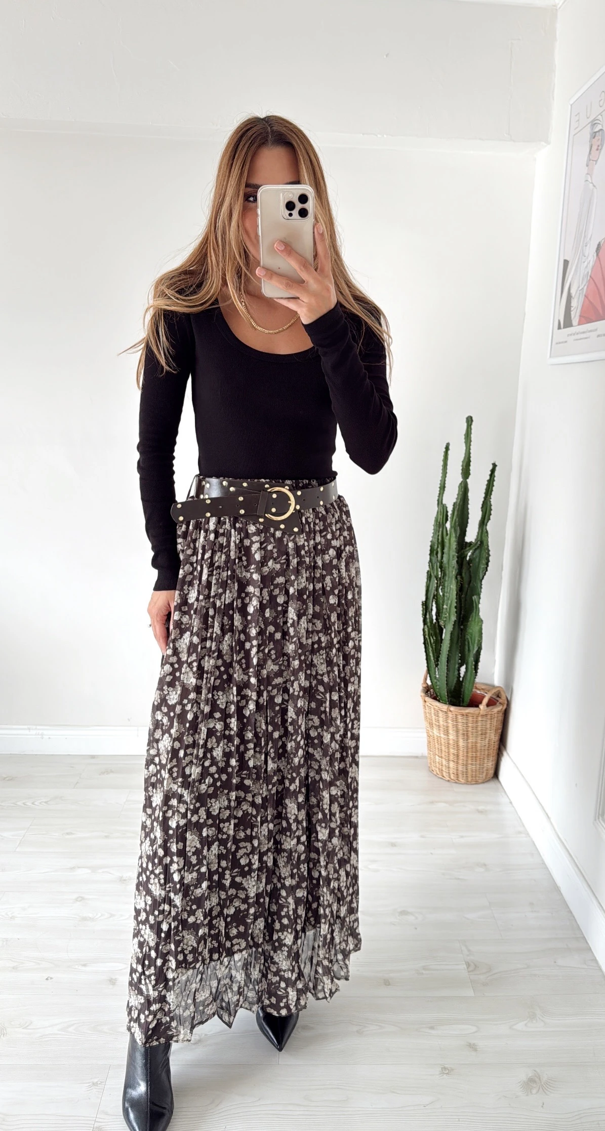 Kemerli Desenli Maxi Etek Haki