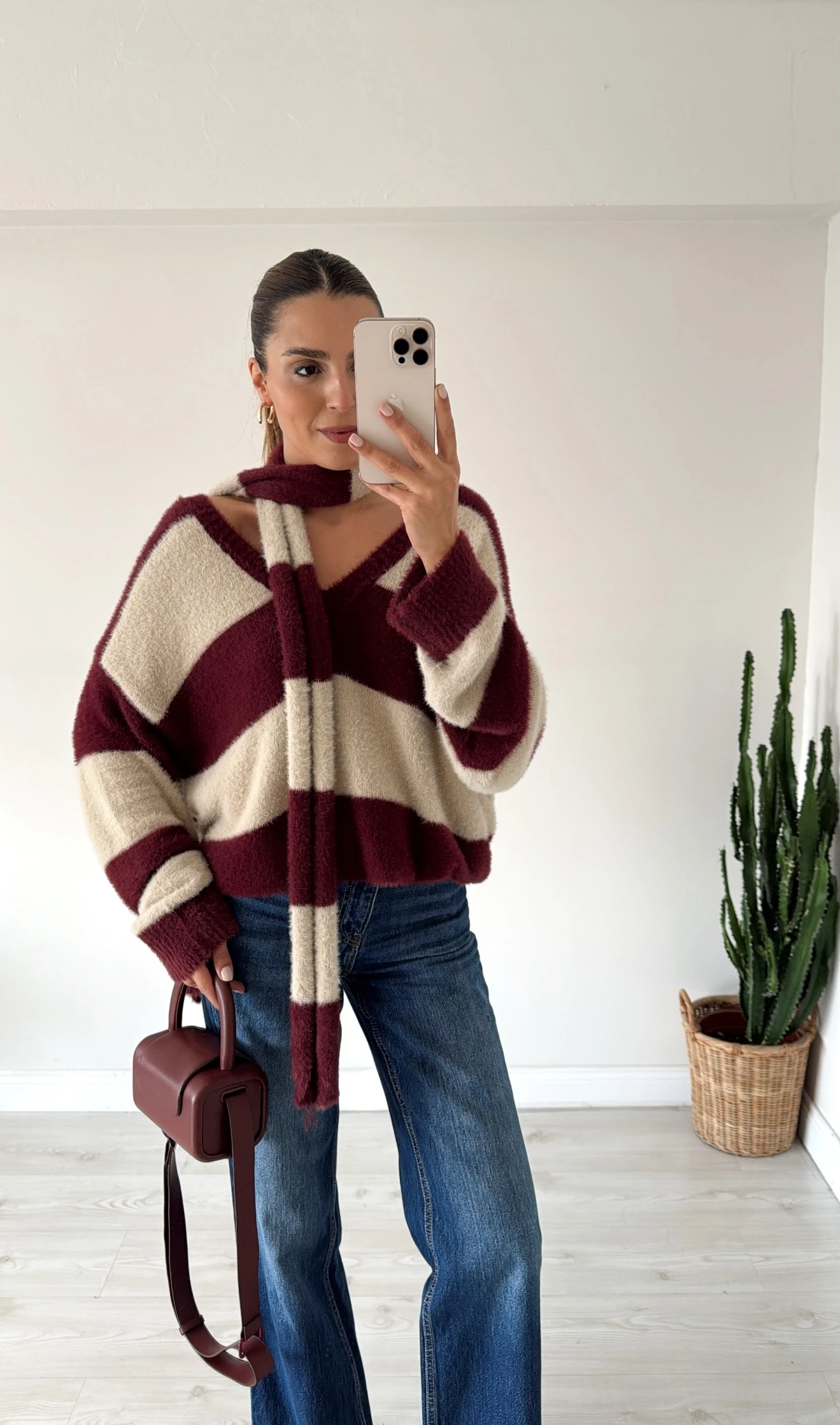 Atkı Detaylı Kazak Elbise Bordo-Bej