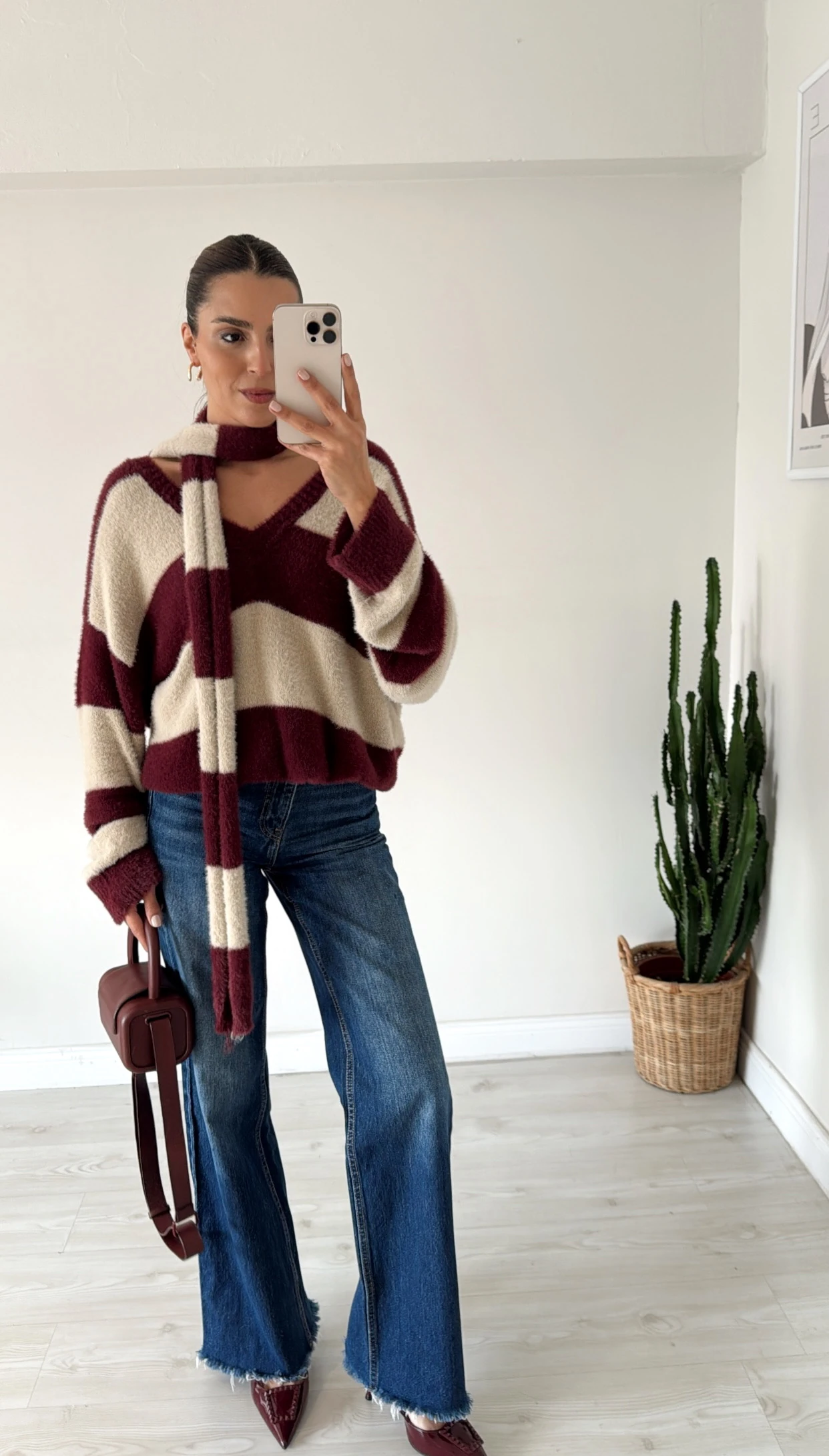 Atkı Detaylı Kazak Elbise Bordo-Bej