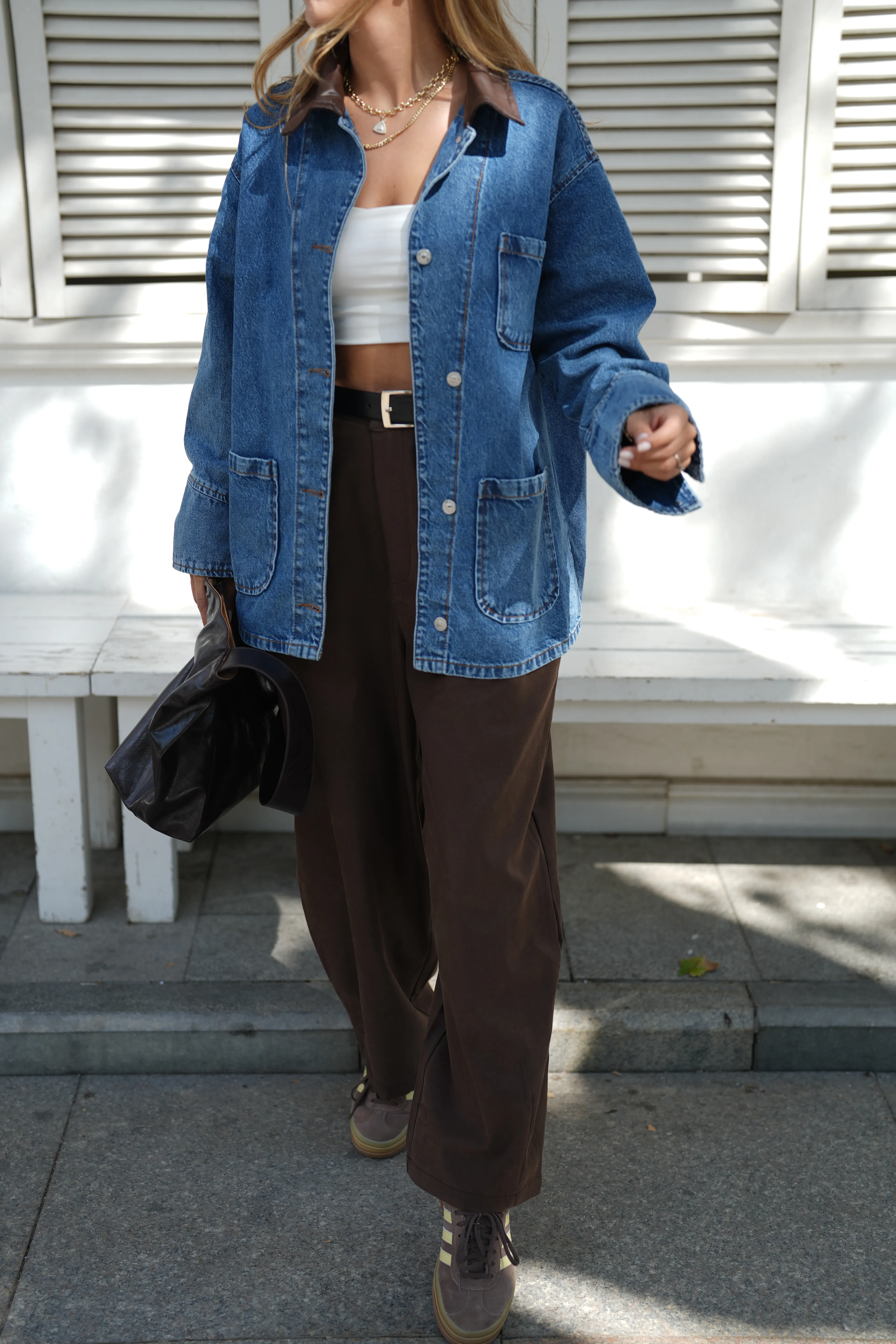 Deri Yakalı Denim Ceket