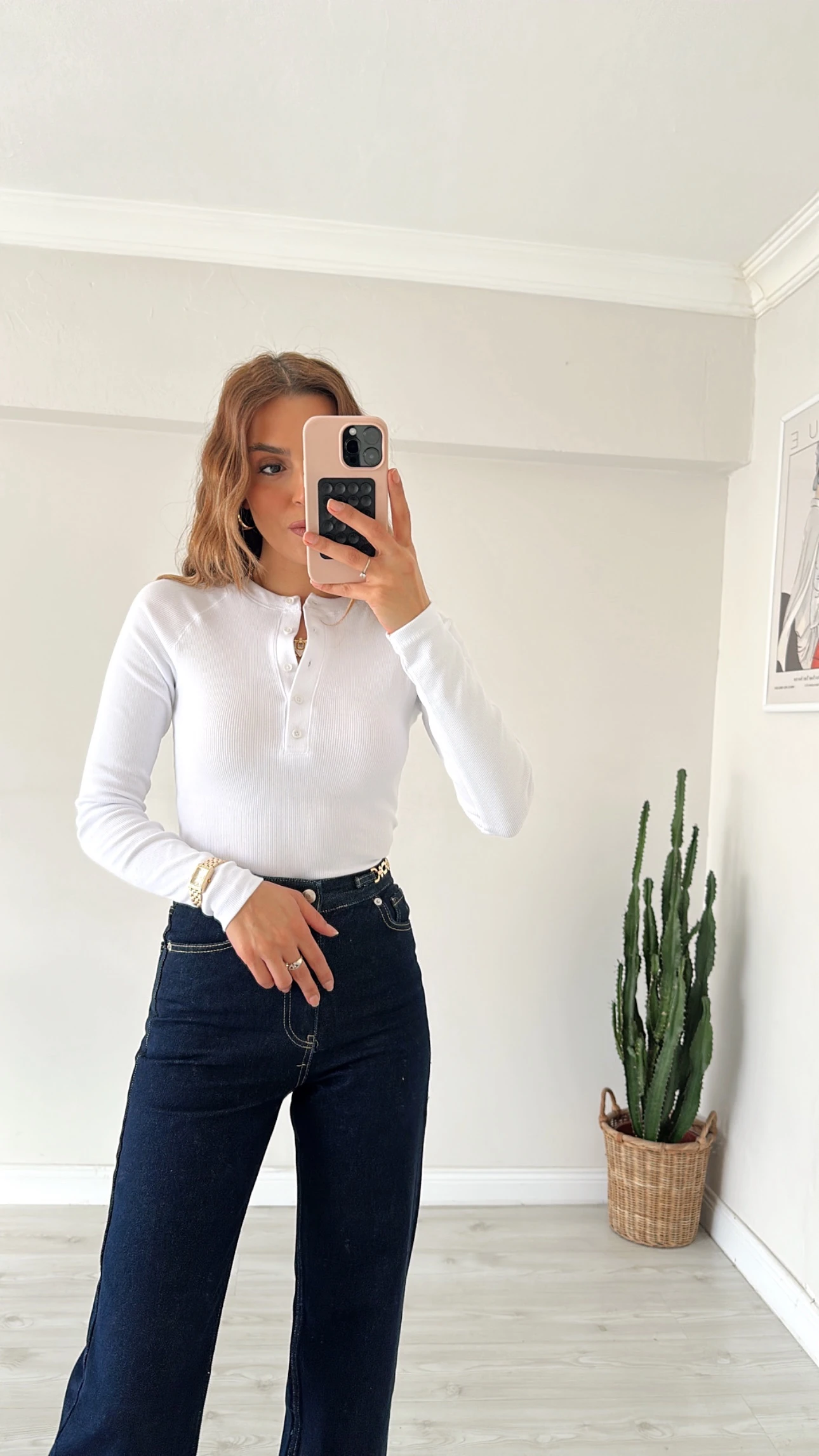 Düğmeli Fitilli Basic Bluz Beyaz