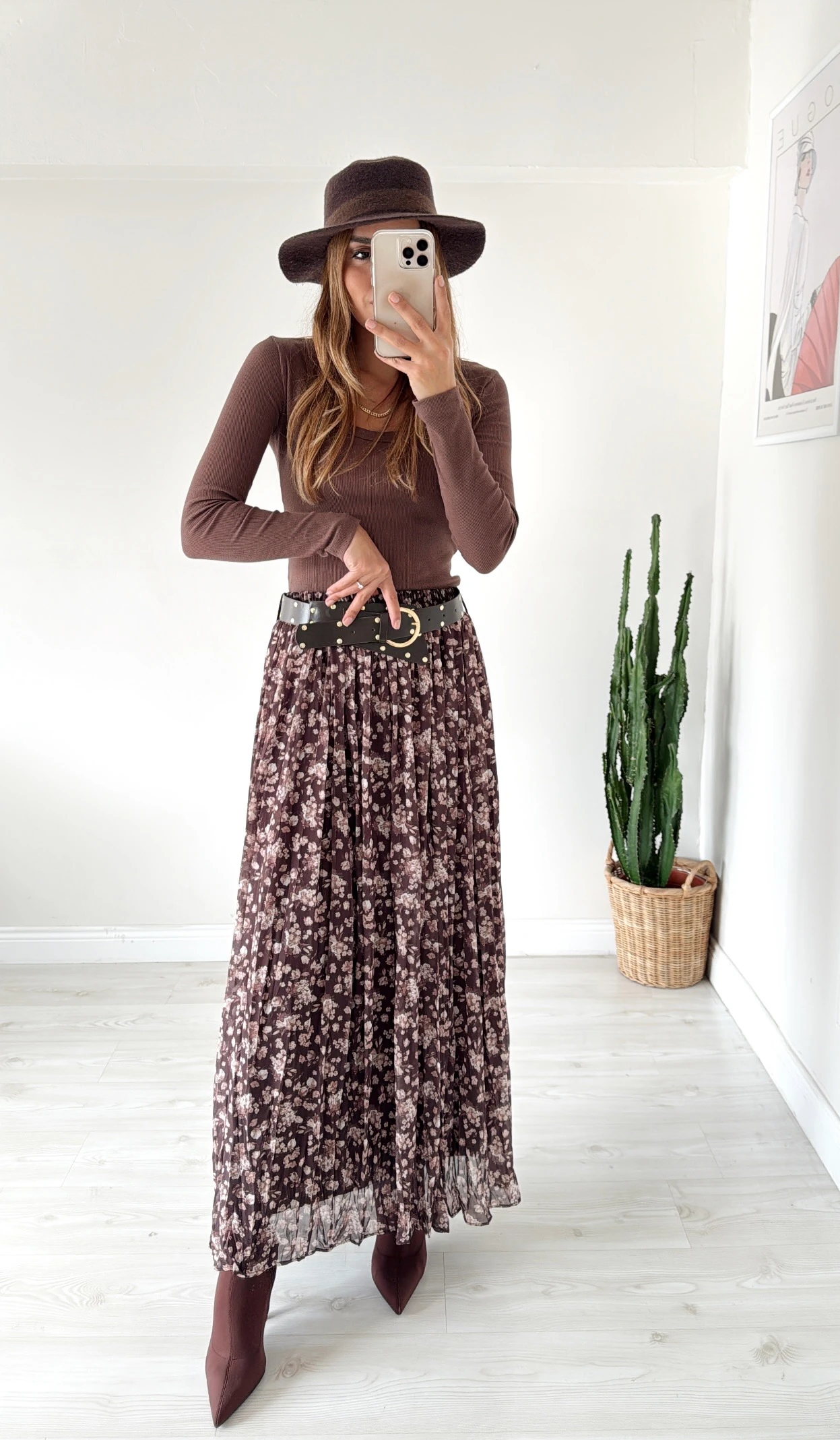 Kemerli Desenli Maxi Etek Kahve