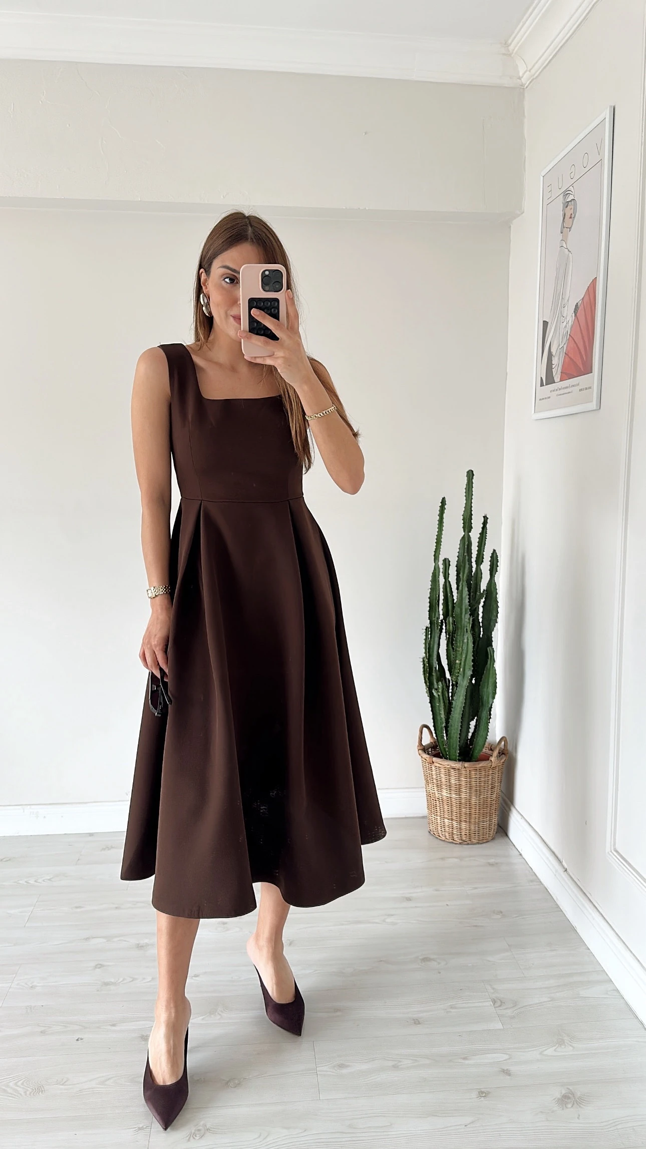 Kare Yaka Midi Elbise Kahve