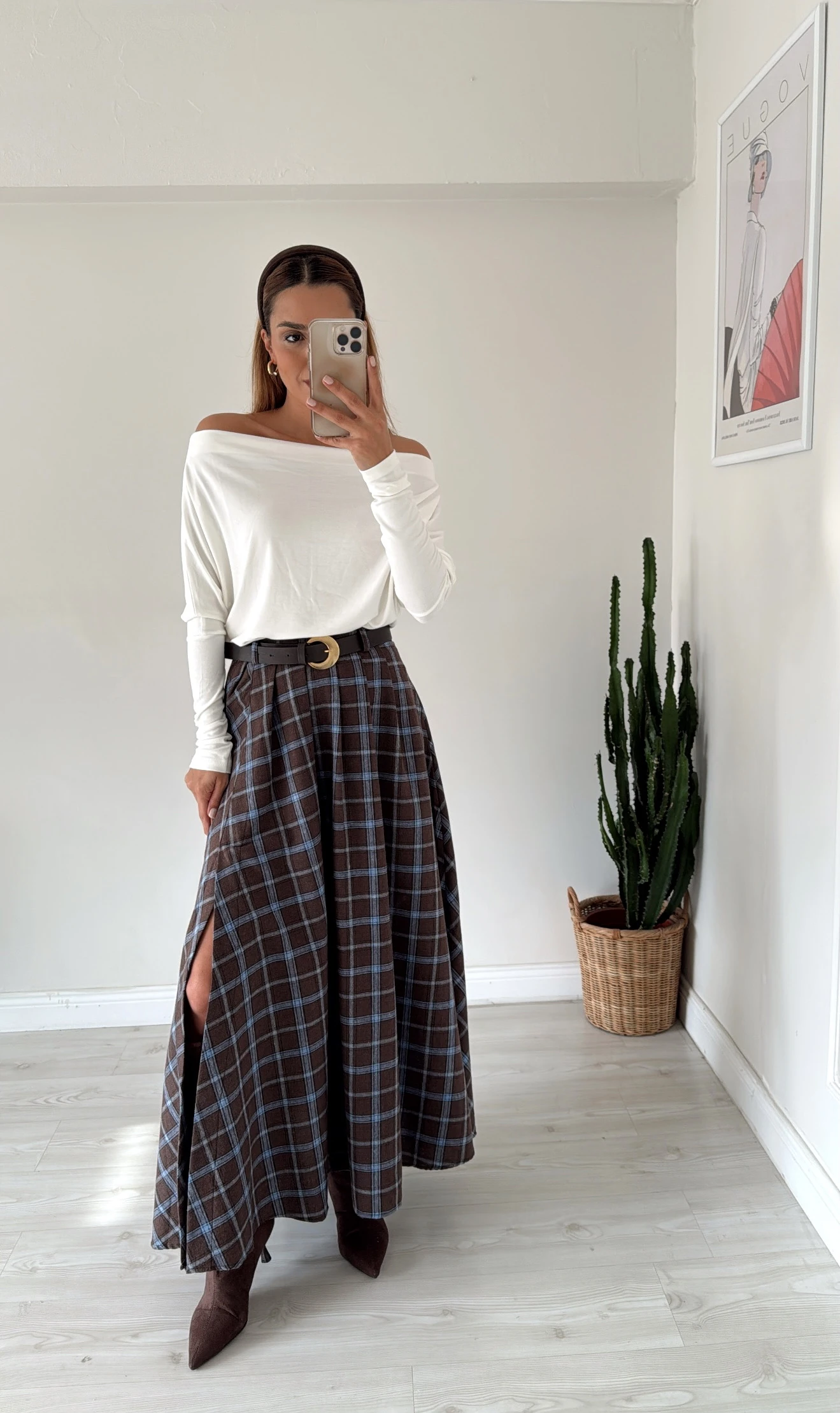 Ekoseli Kemerli Maxi Etek 