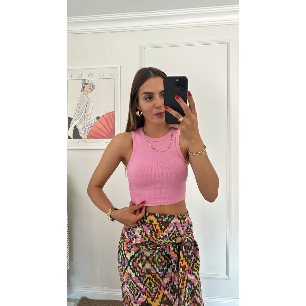 Halter Yaka Crop Body Pembe