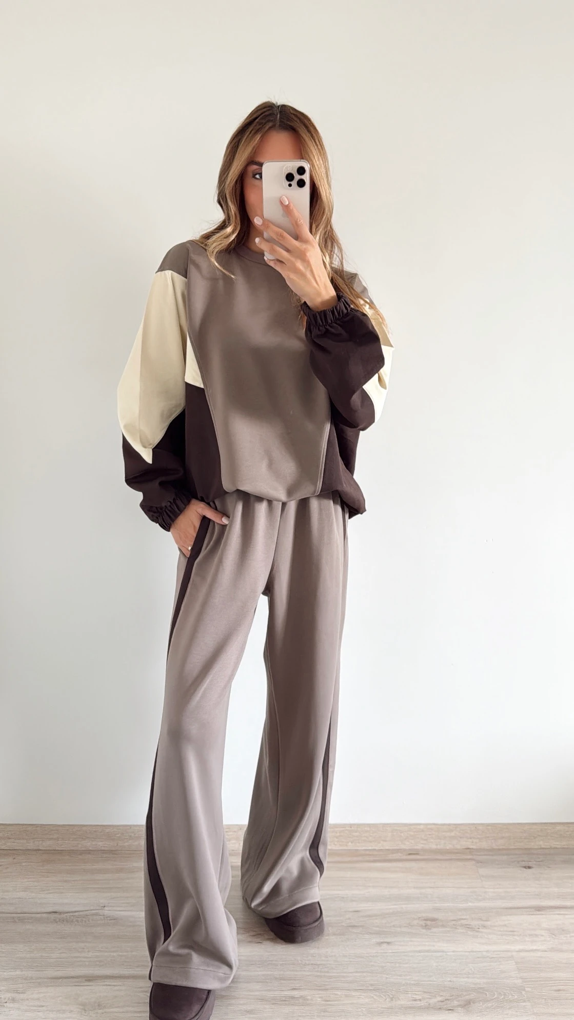 Blok Renkli Paraşüt Kumaş Detaylı Takım Kahve