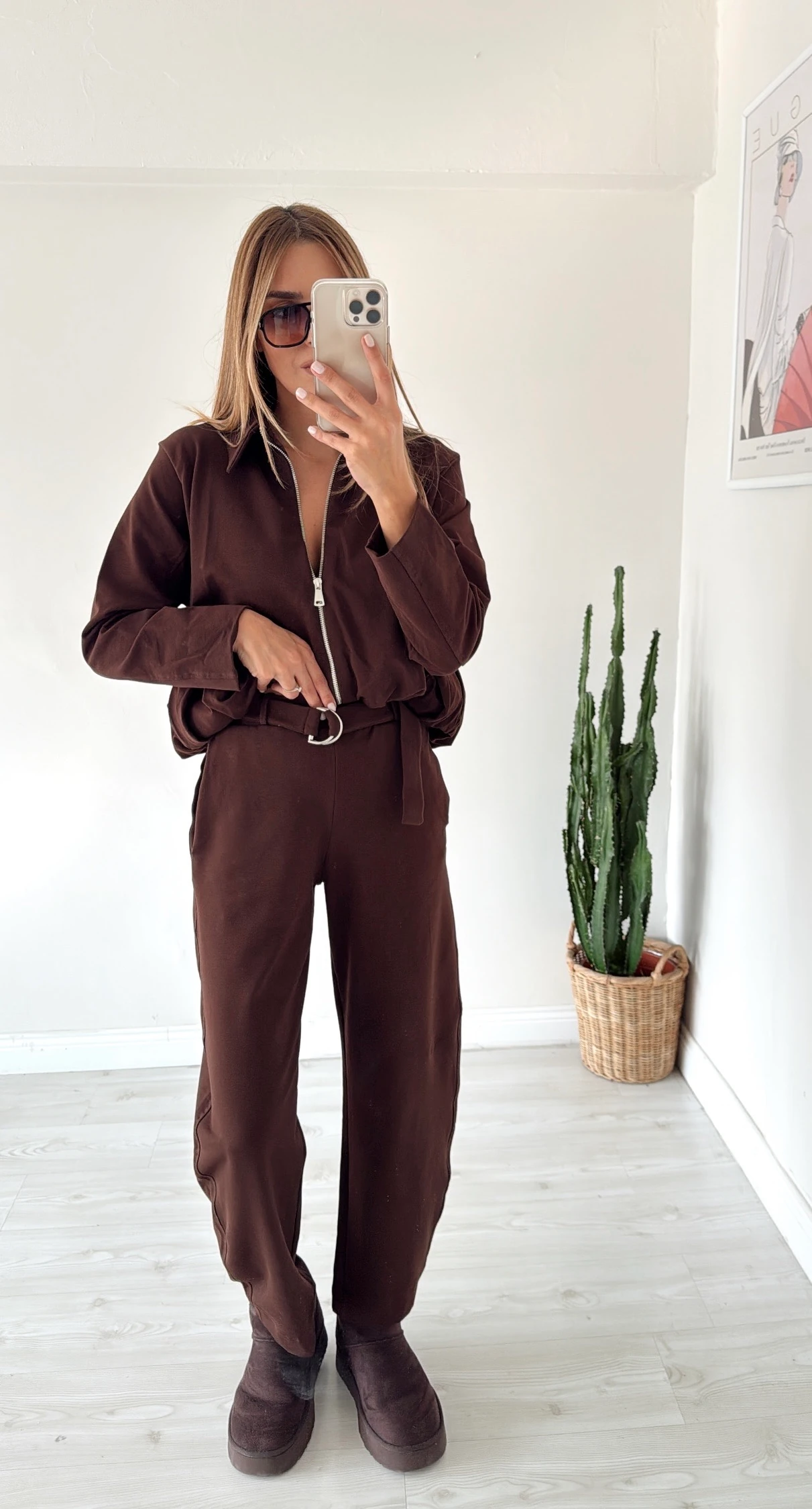 Kemerli Pantolon 2 İplik Takım Kahve