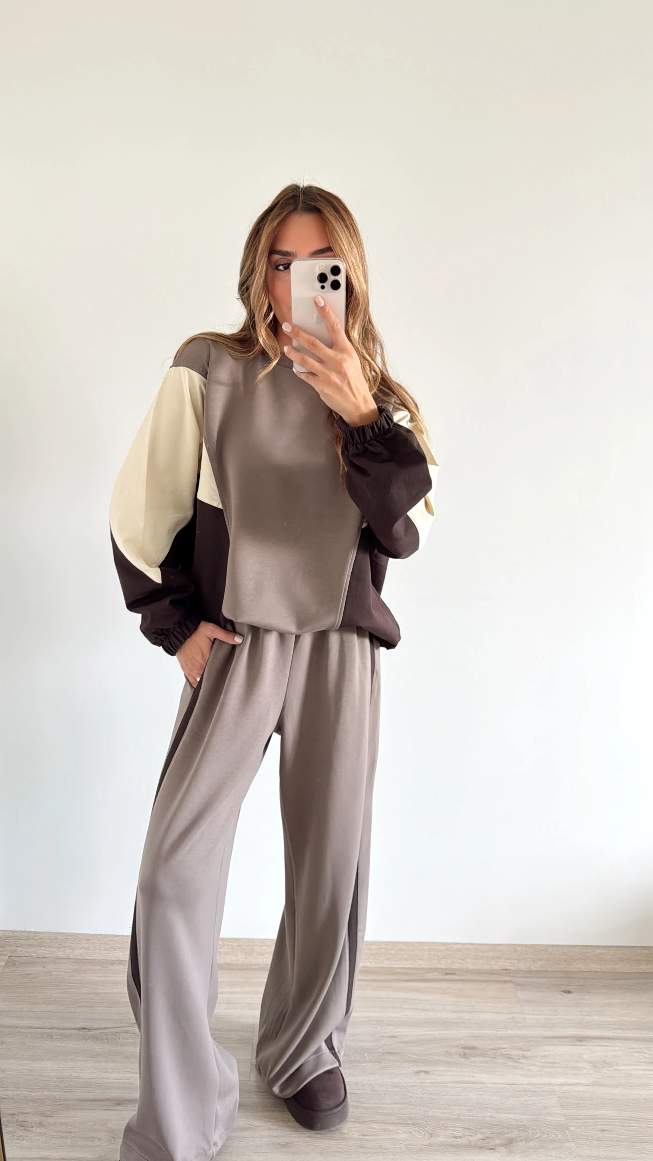 Blok Renkli Paraşüt Kumaş Detaylı Takım Kahve