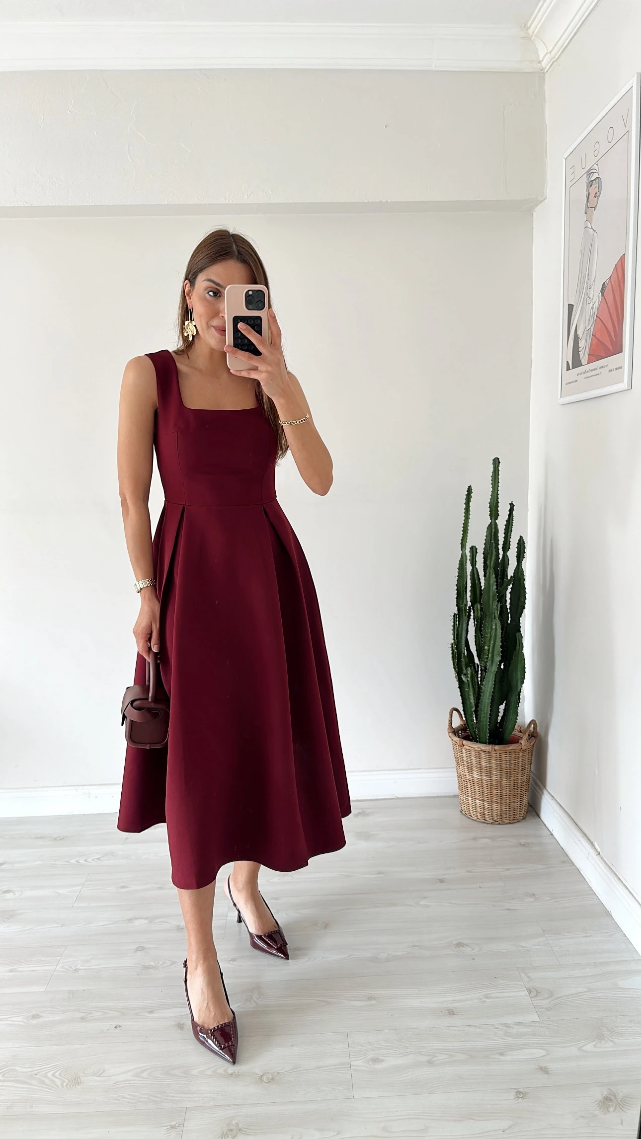 Kare Yaka Midi Elbise Bordo