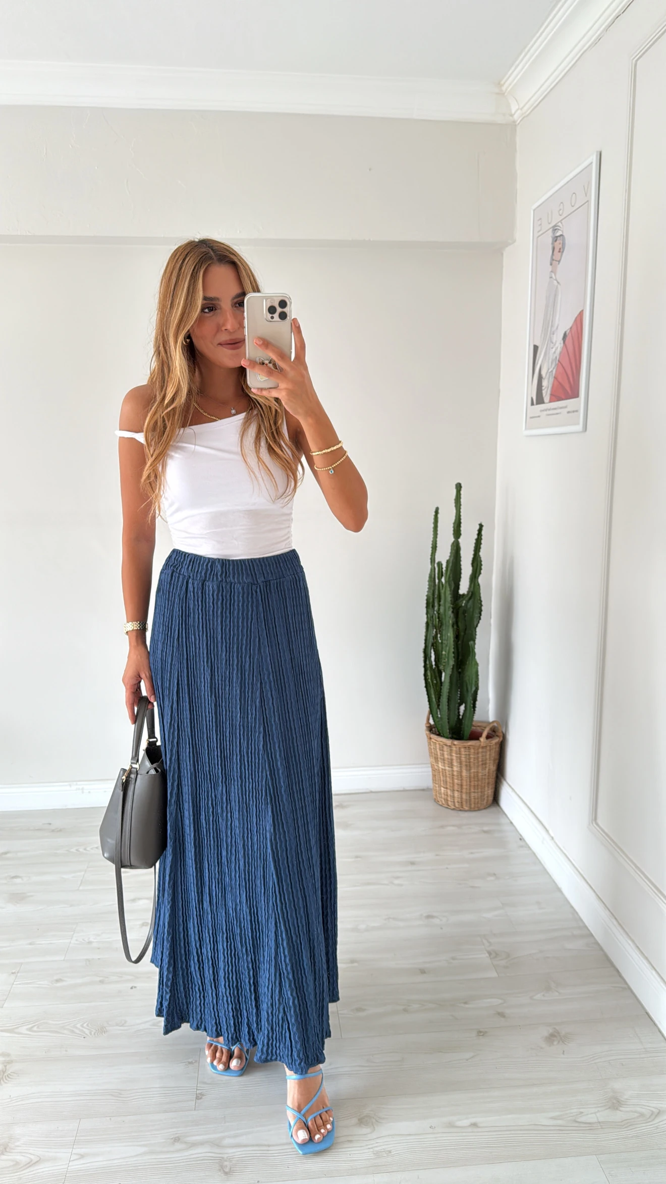 Dokulu Kumaş Maxi Etek İndigo