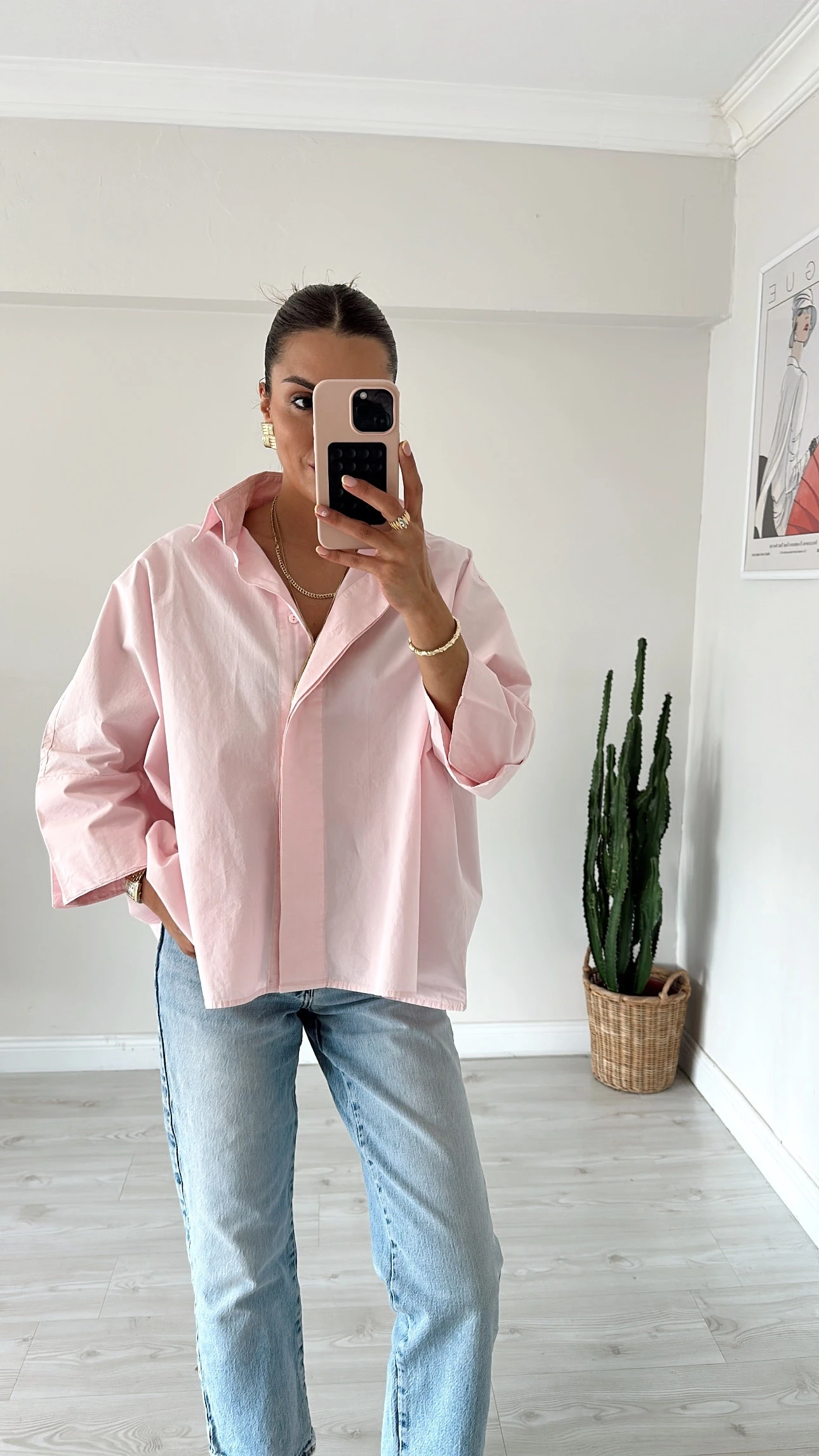 Oversıze Kalın Manşetli Gömlek Açık Pembe