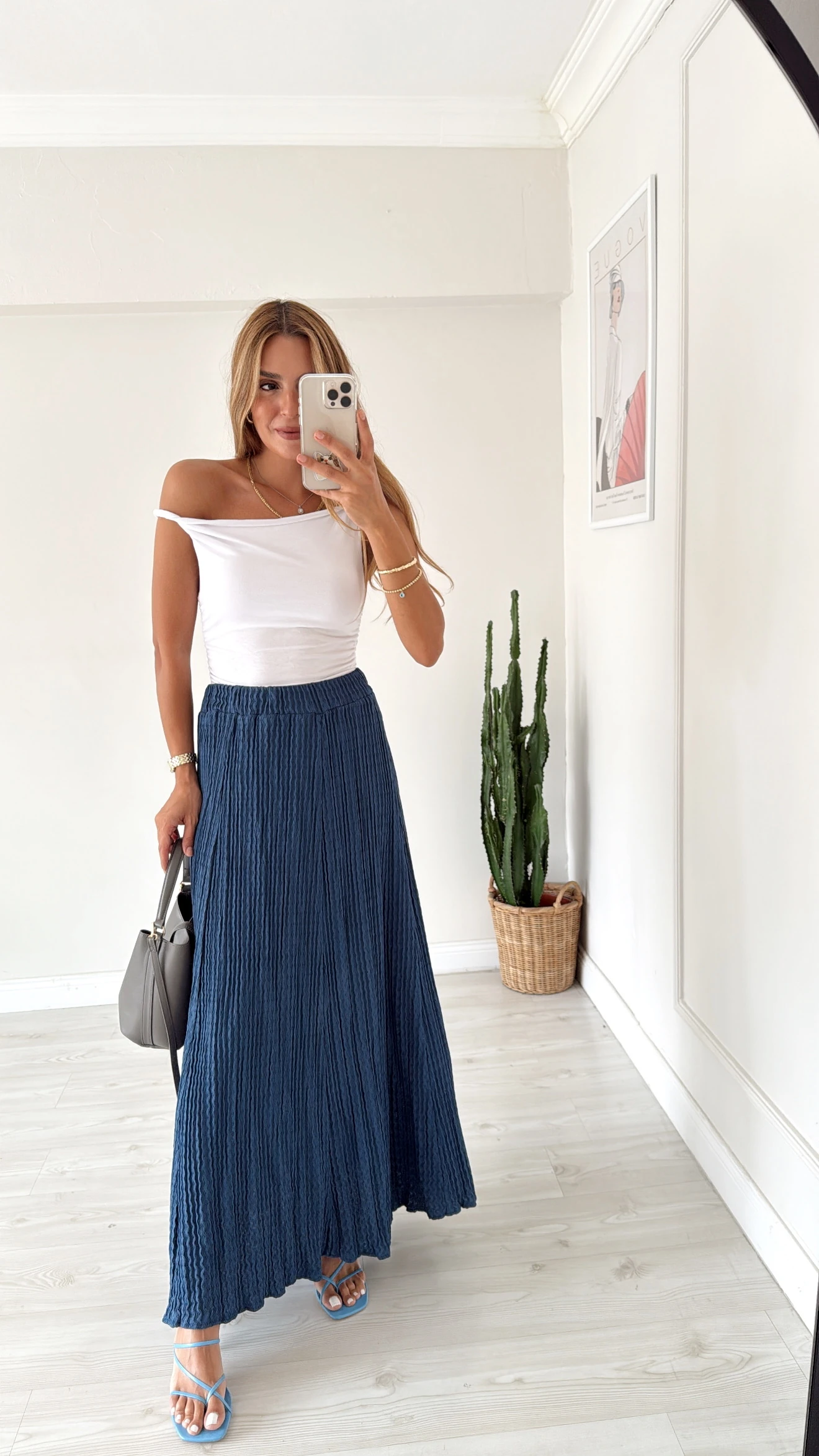 Dokulu Kumaş Maxi Etek İndigo