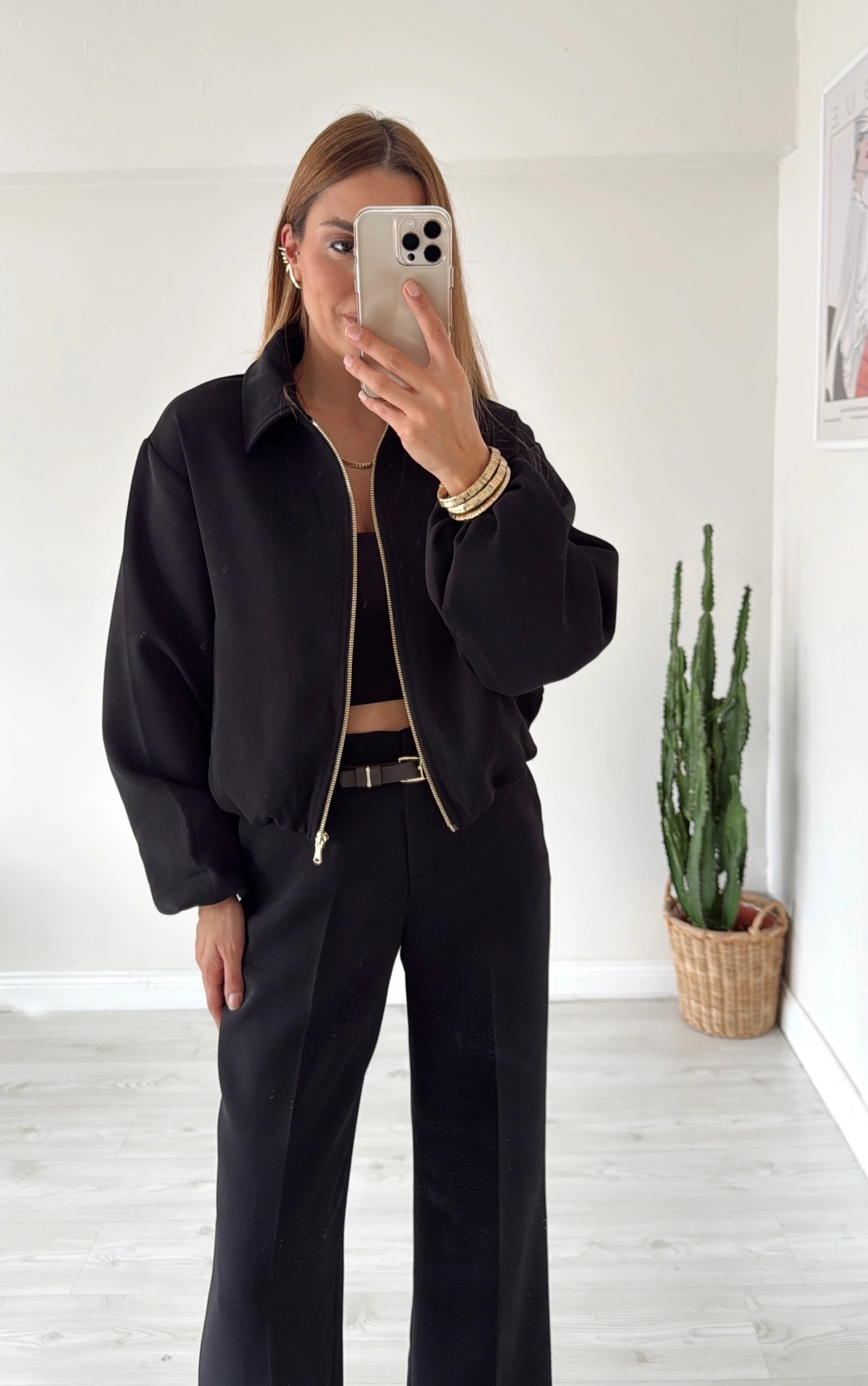 Bomber Ceket Kemerli Pantolon Takım Siyah