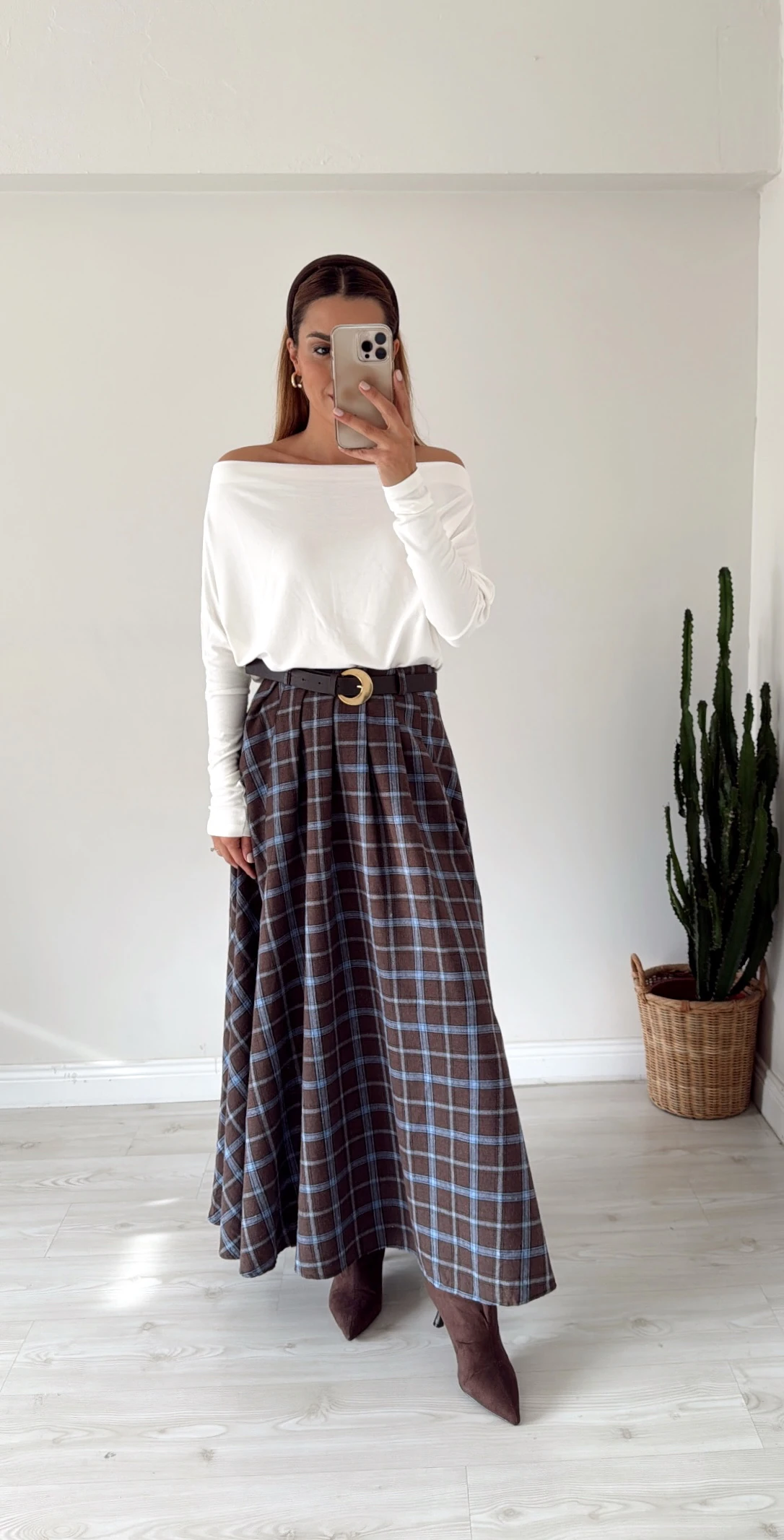 Ekoseli Kemerli Maxi Etek 