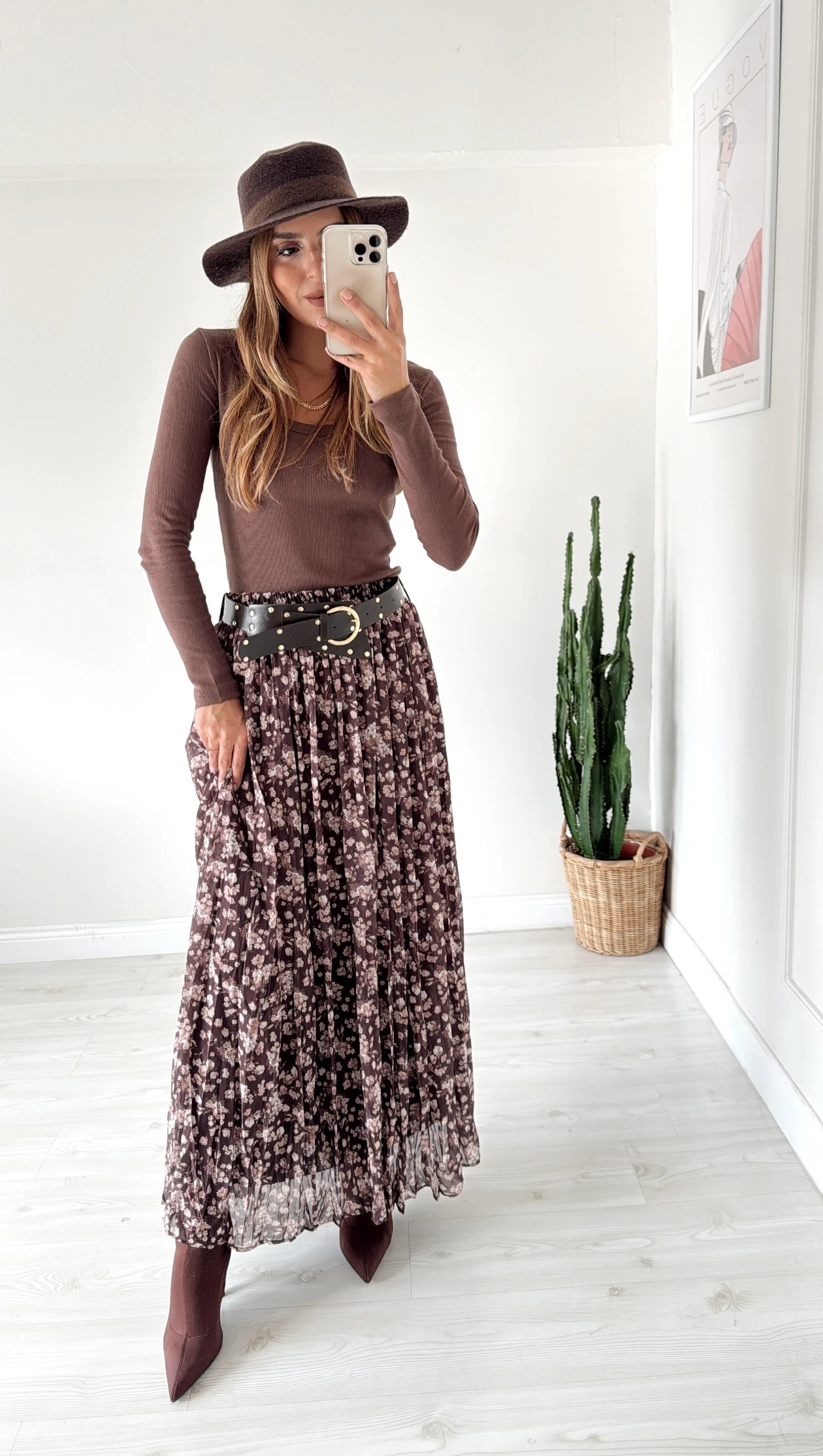 Kemerli Desenli Maxi Etek Kahve