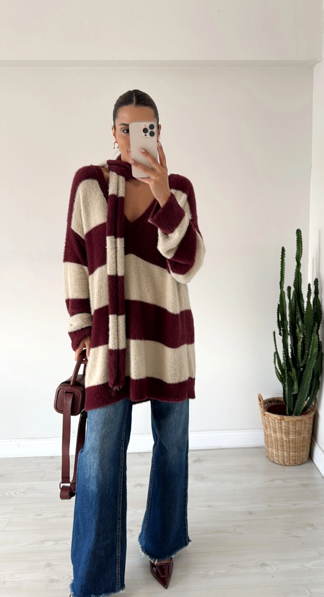 Atkı Detaylı Kazak Elbise Bordo-Bej