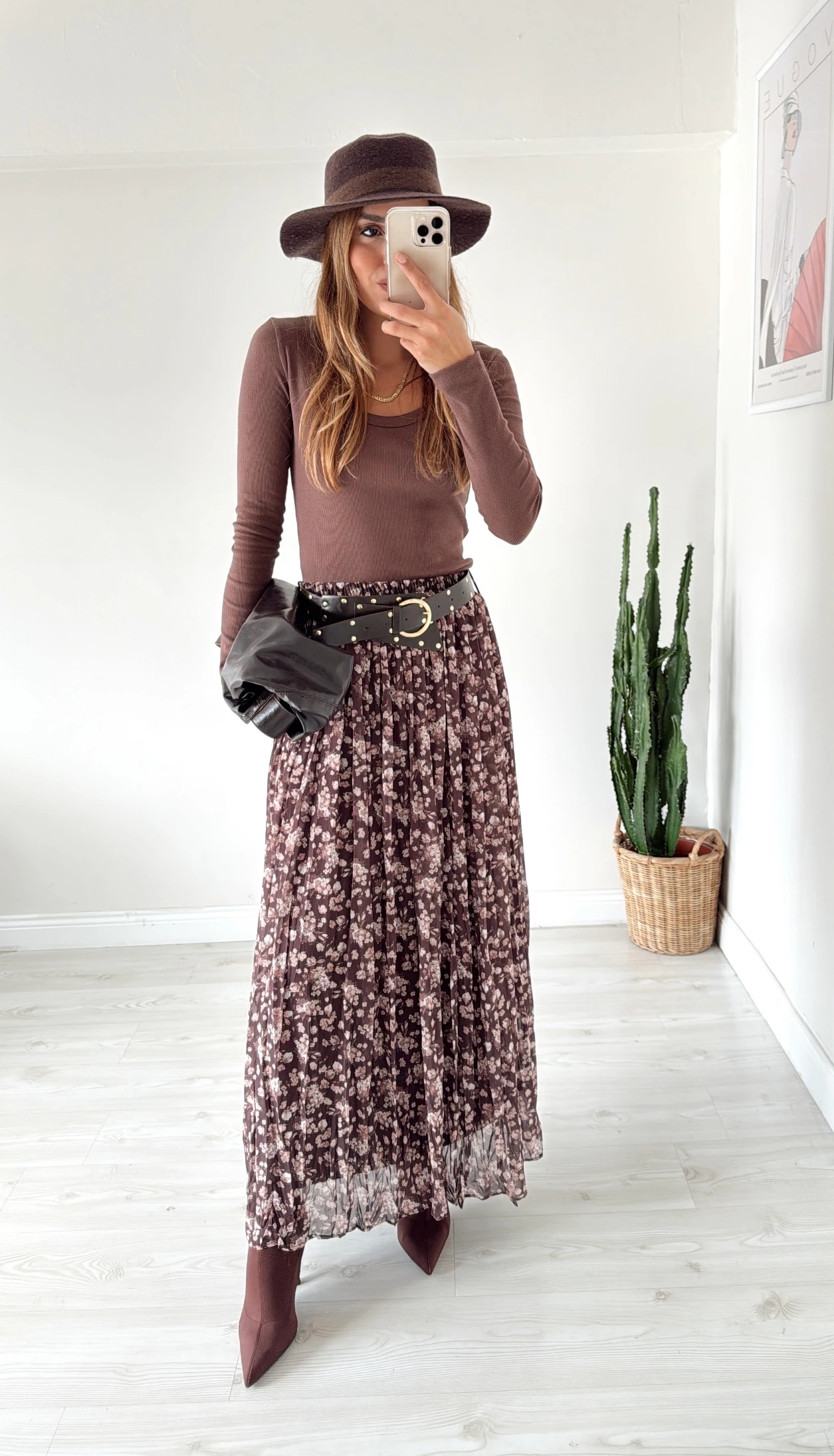 Kemerli Desenli Maxi Etek Kahve