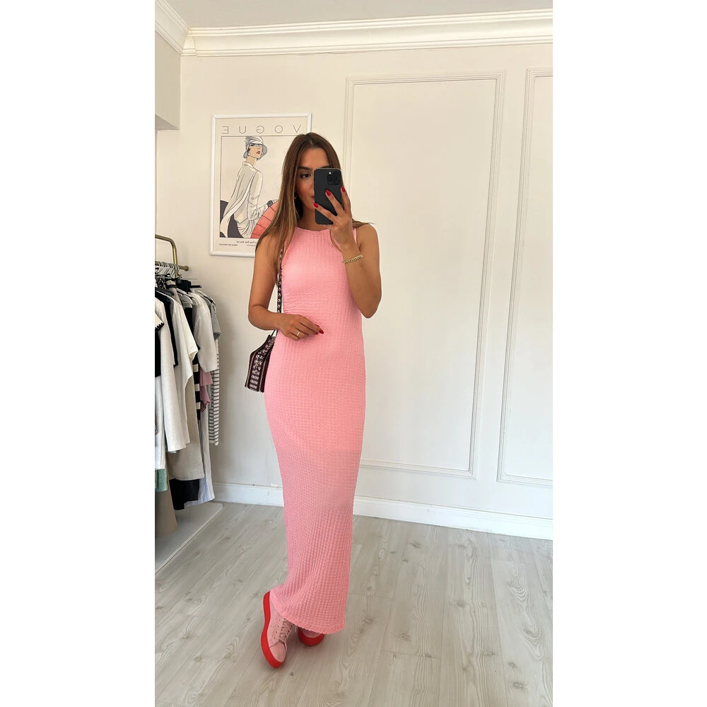 Gofre Maxi Elbise Pembe