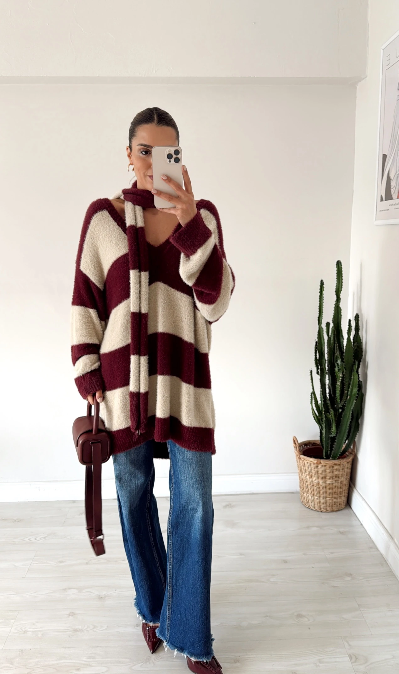 Atkı Detaylı Kazak Elbise Bordo-Bej