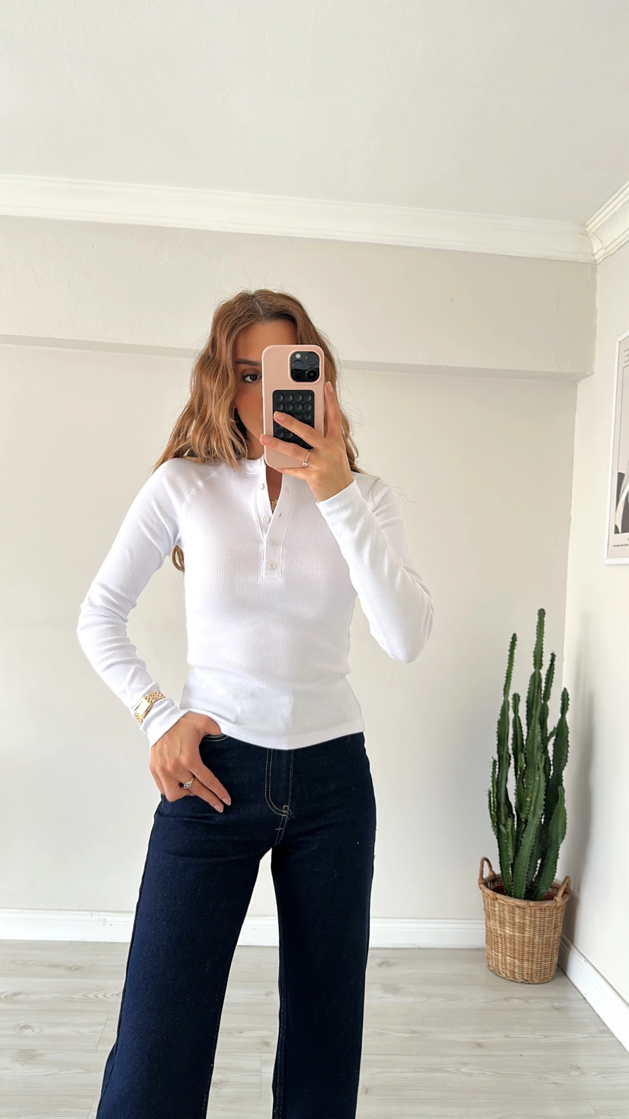 Düğmeli Fitilli Basic Bluz Beyaz