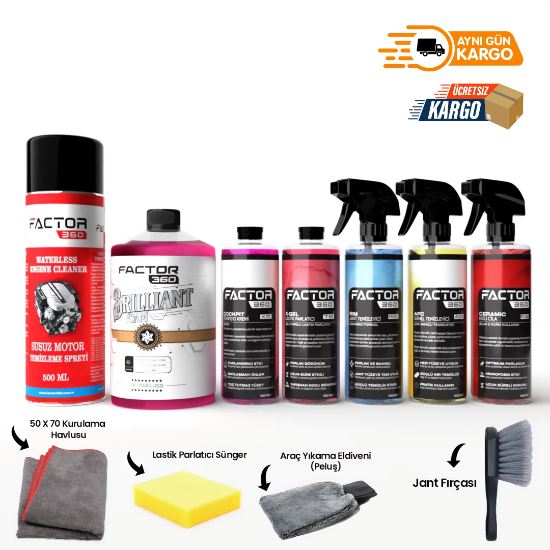 Factor360 Minimax V.2 Şampuan Lastik Jeli Hızlı Cila Araç İç Dış Yüzey Temizlik & Bakım Oto Bakım Seti 10 Parça