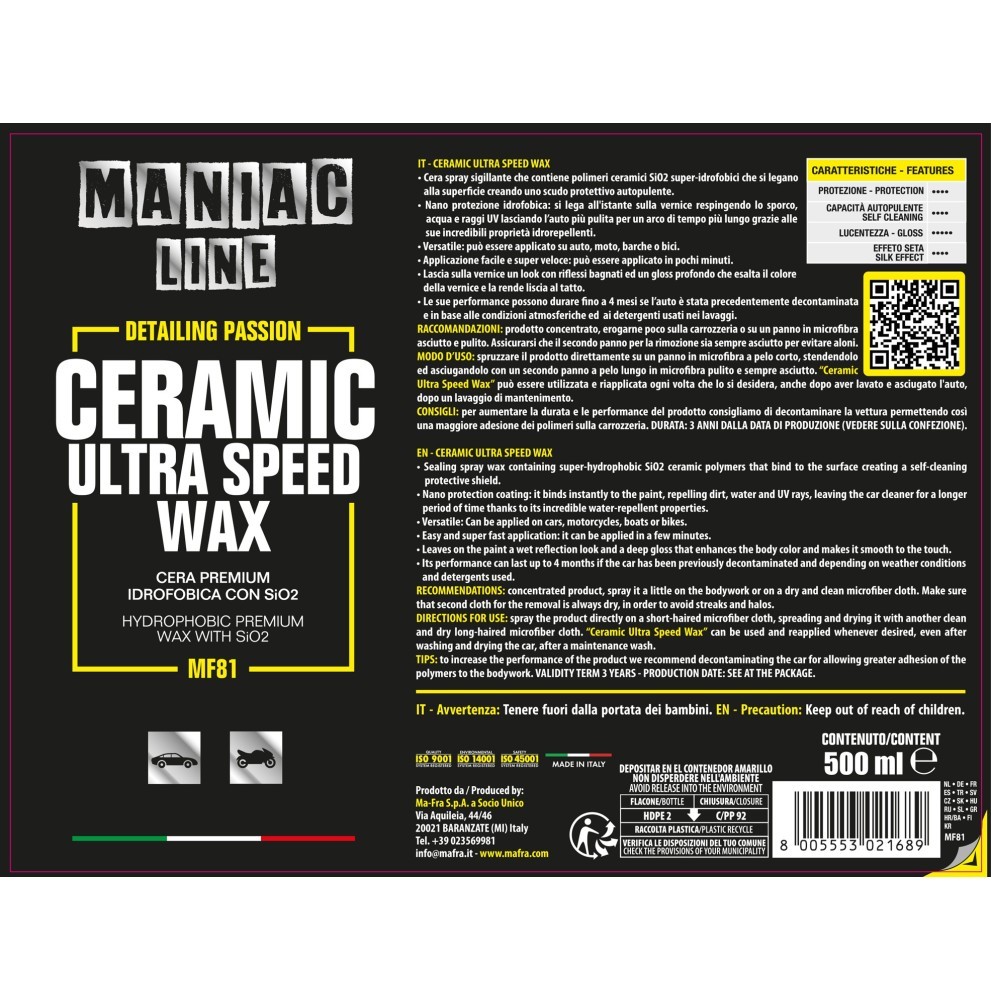 MAFRA MANIAC LINE Ceramic Ultra Speed Wax Nano Cila 500 ML